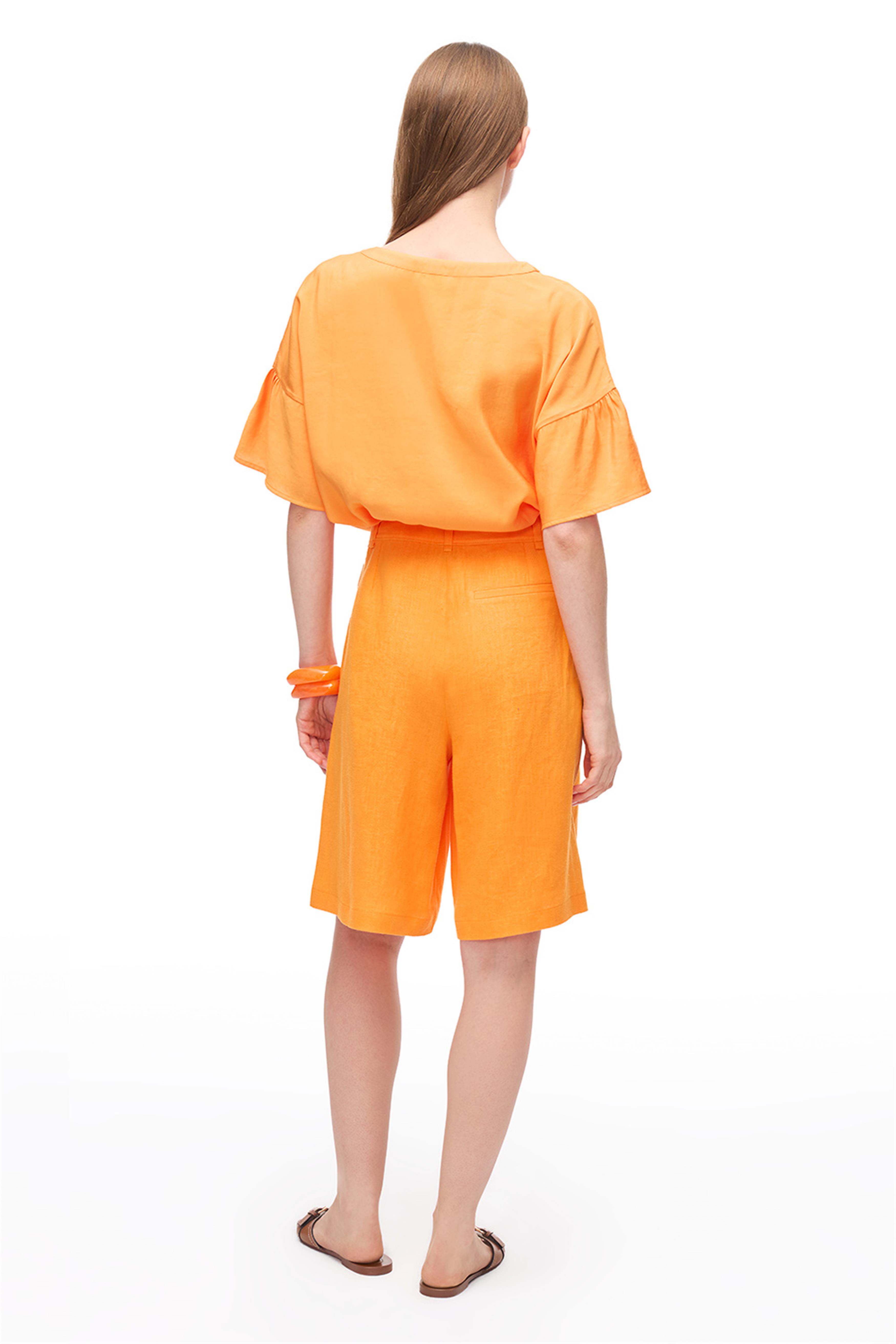 Turuncu Yüksek Bel Keten Şort