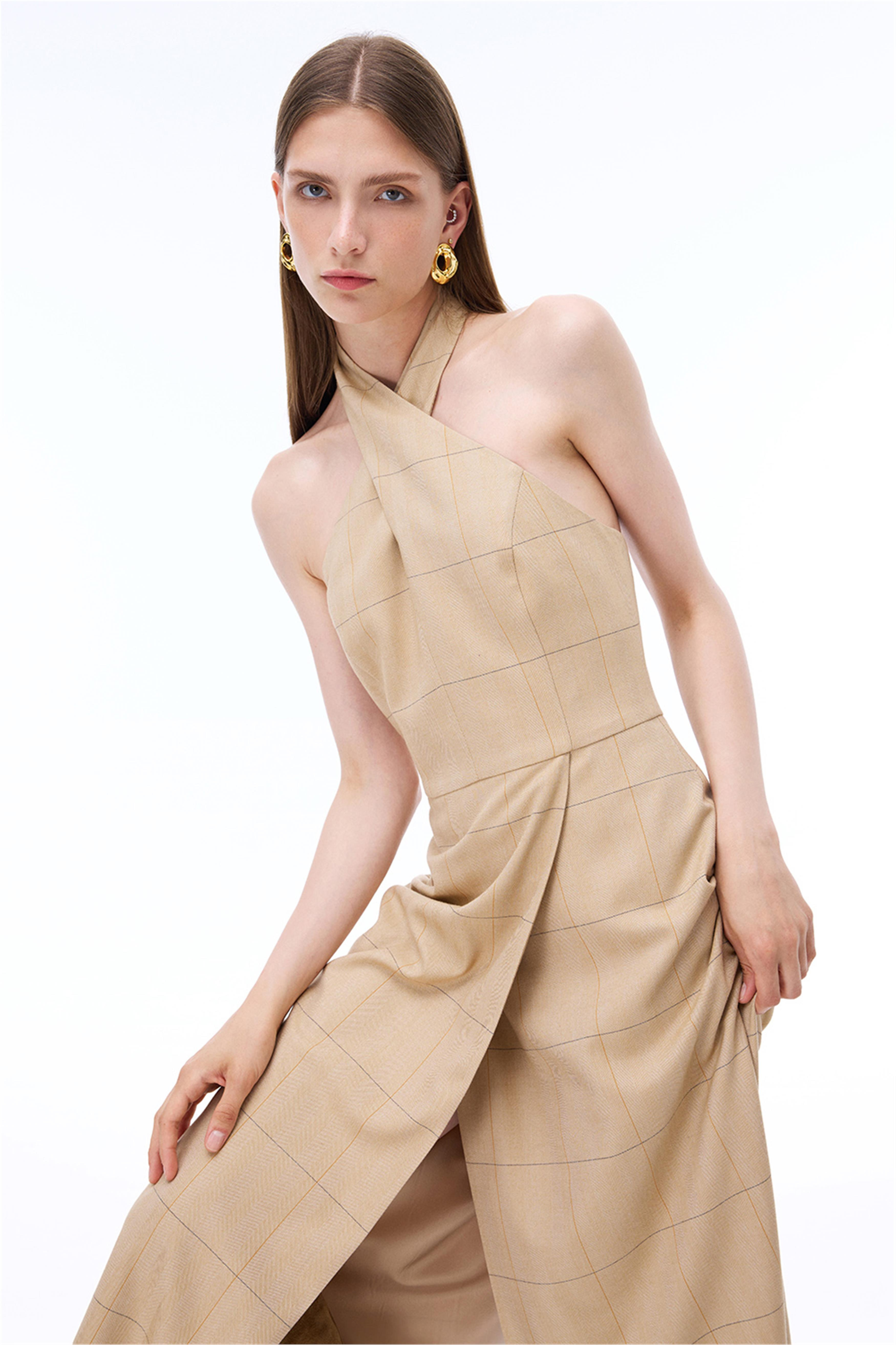 Untimely Regular Fit Balıksırtı Desenli Midi Boy Devetüyü Renk Elbise