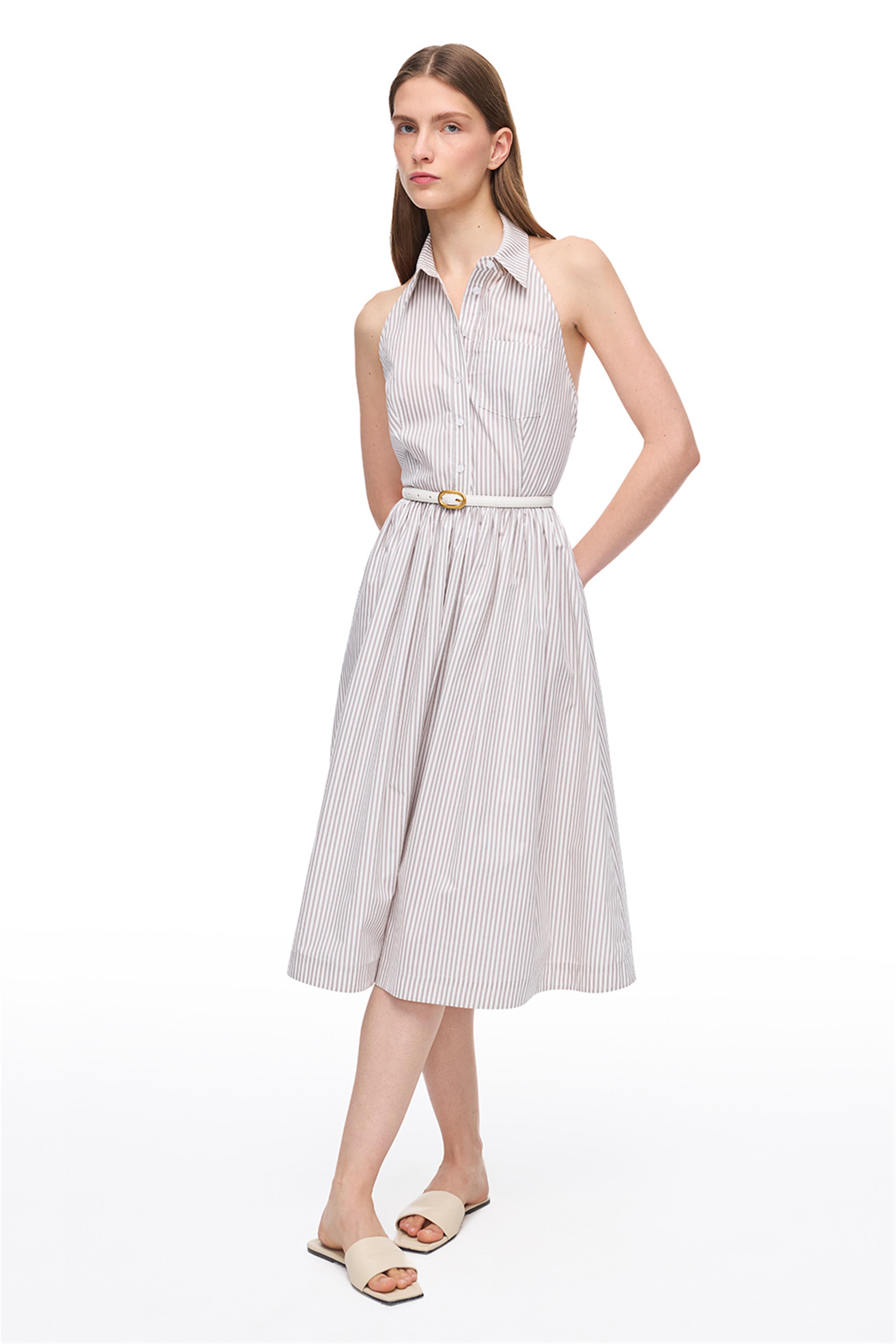 Vizon Beyaz Sitas Regular Fit Çizgili Diz Altı Elbise