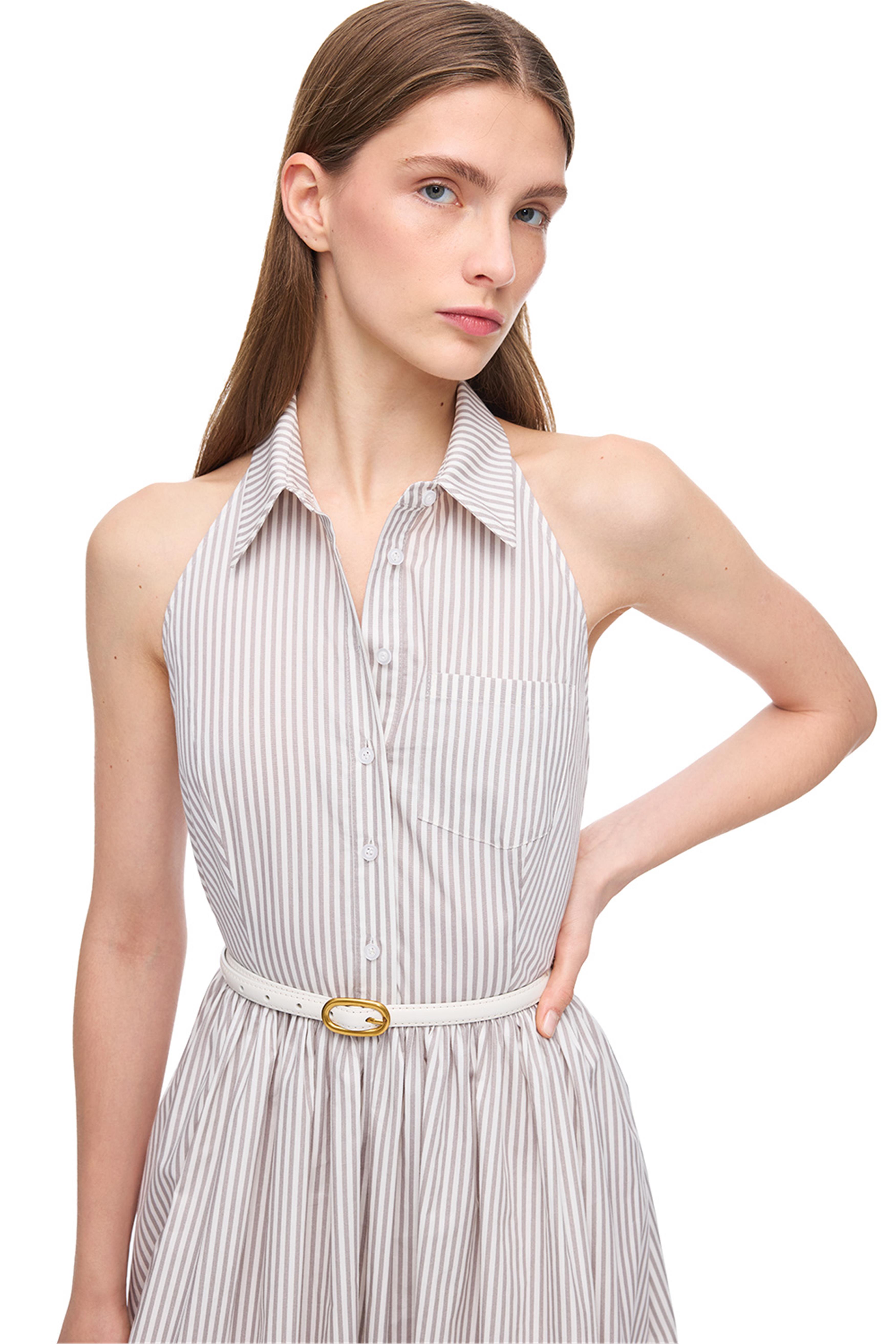 Vizon Beyaz Sitas Regular Fit Çizgili Diz Altı Elbise