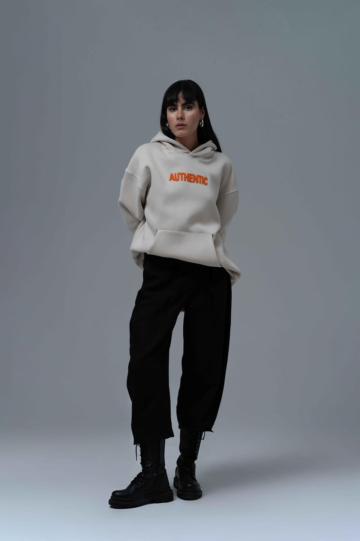 Authentic Oversize Sweatshirt Kadın Ekru