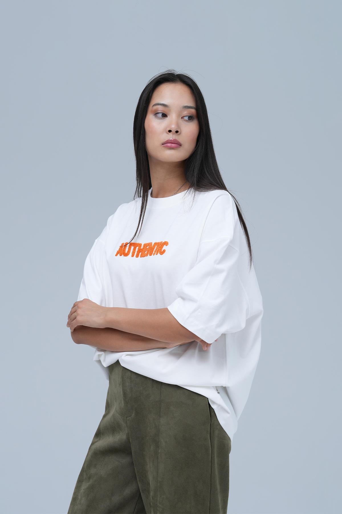 Authentic Oversize Tişört Kadın Ekru