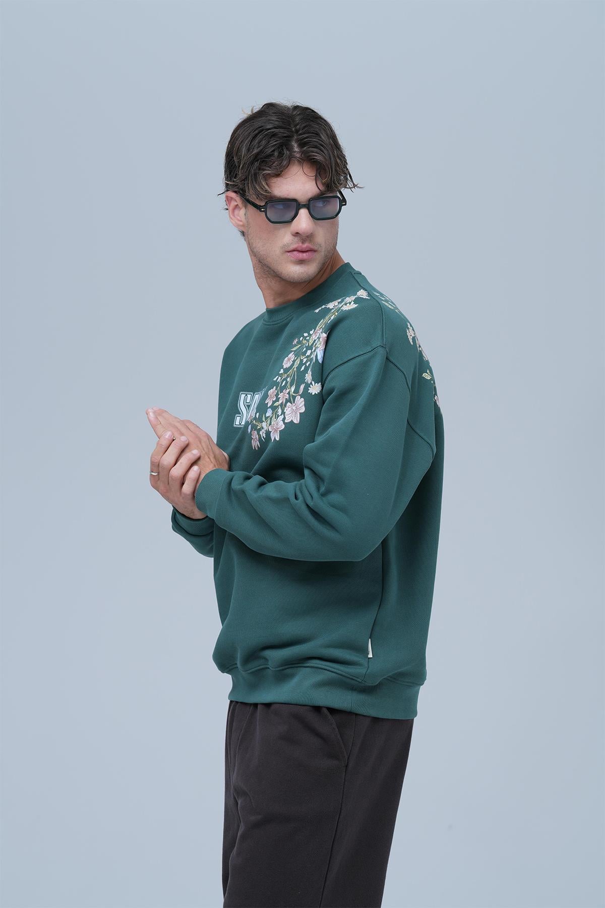 Bloom Spirit Oversize Sweatshirt Erkek Neft Yeşili