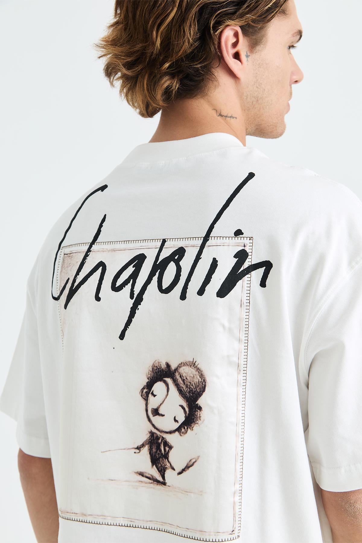 Chaplin Oversize Tişört Erkek Ekru