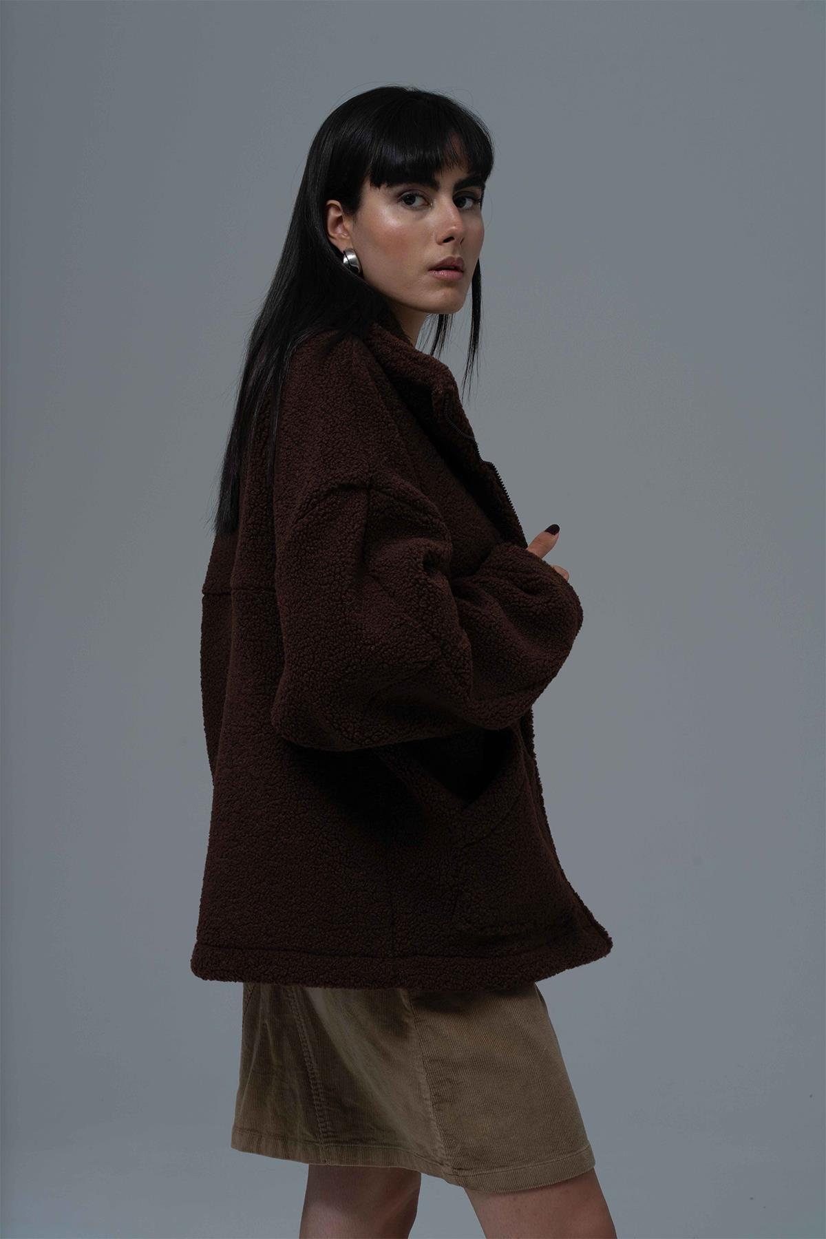 Classic Haven Oversize Welsoft Ceket Kadın Kahverengi