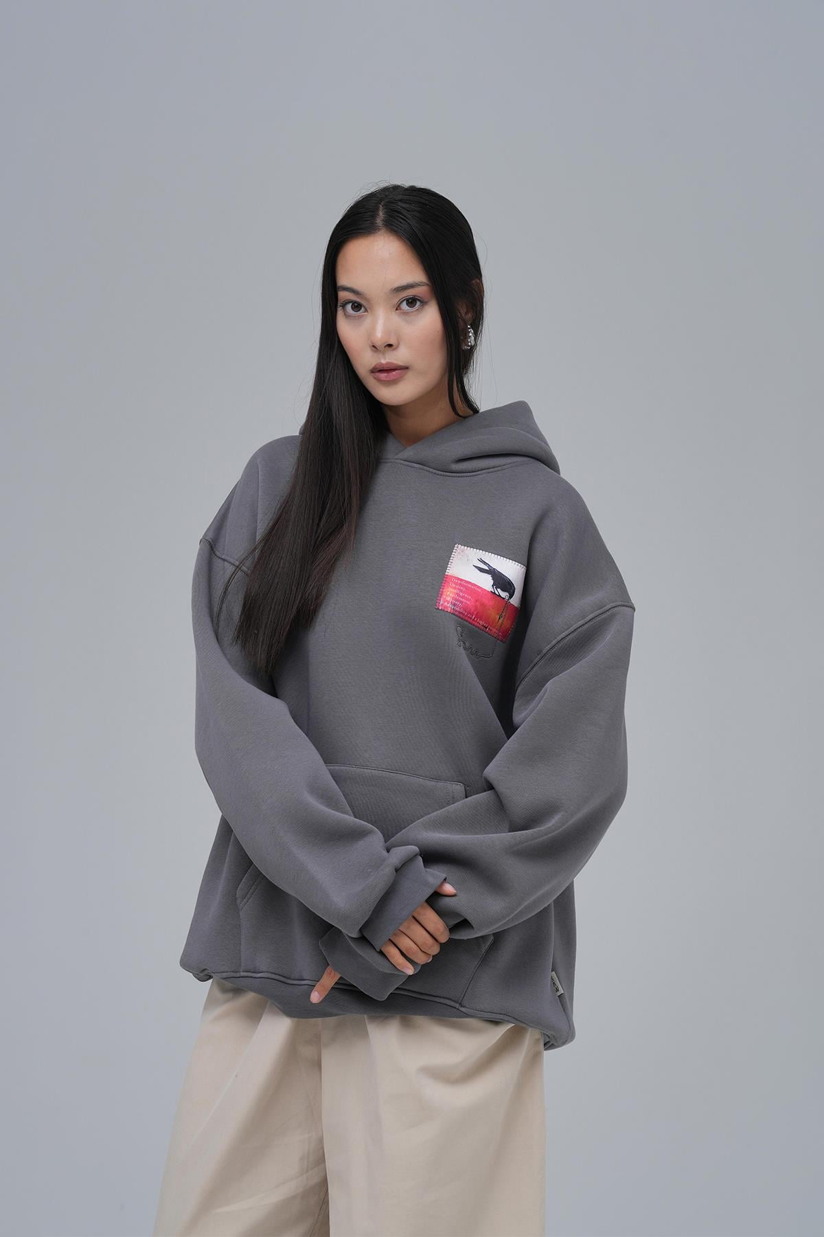 Crow of Transformation Oversize Sweatshirt Kadın Füme