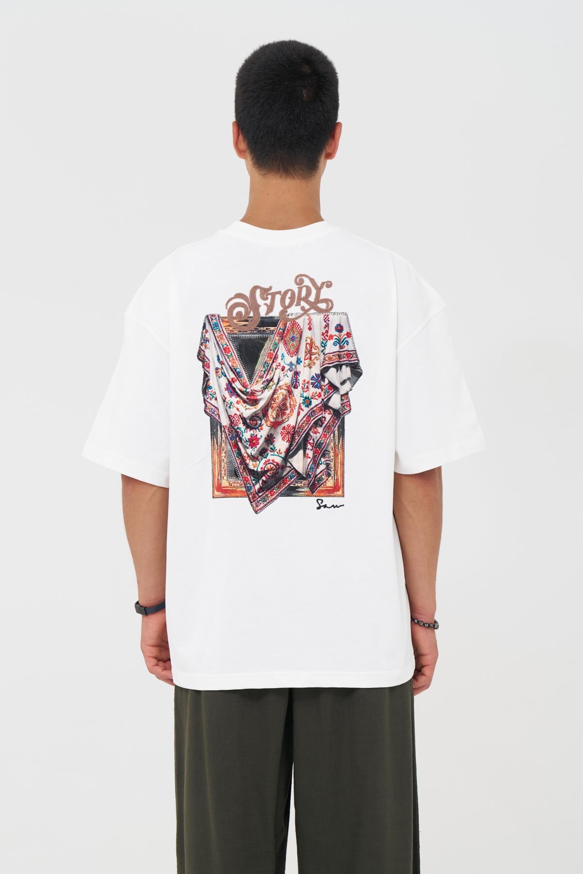 Folk Drapery Oversize Erkek Tişört Ekru