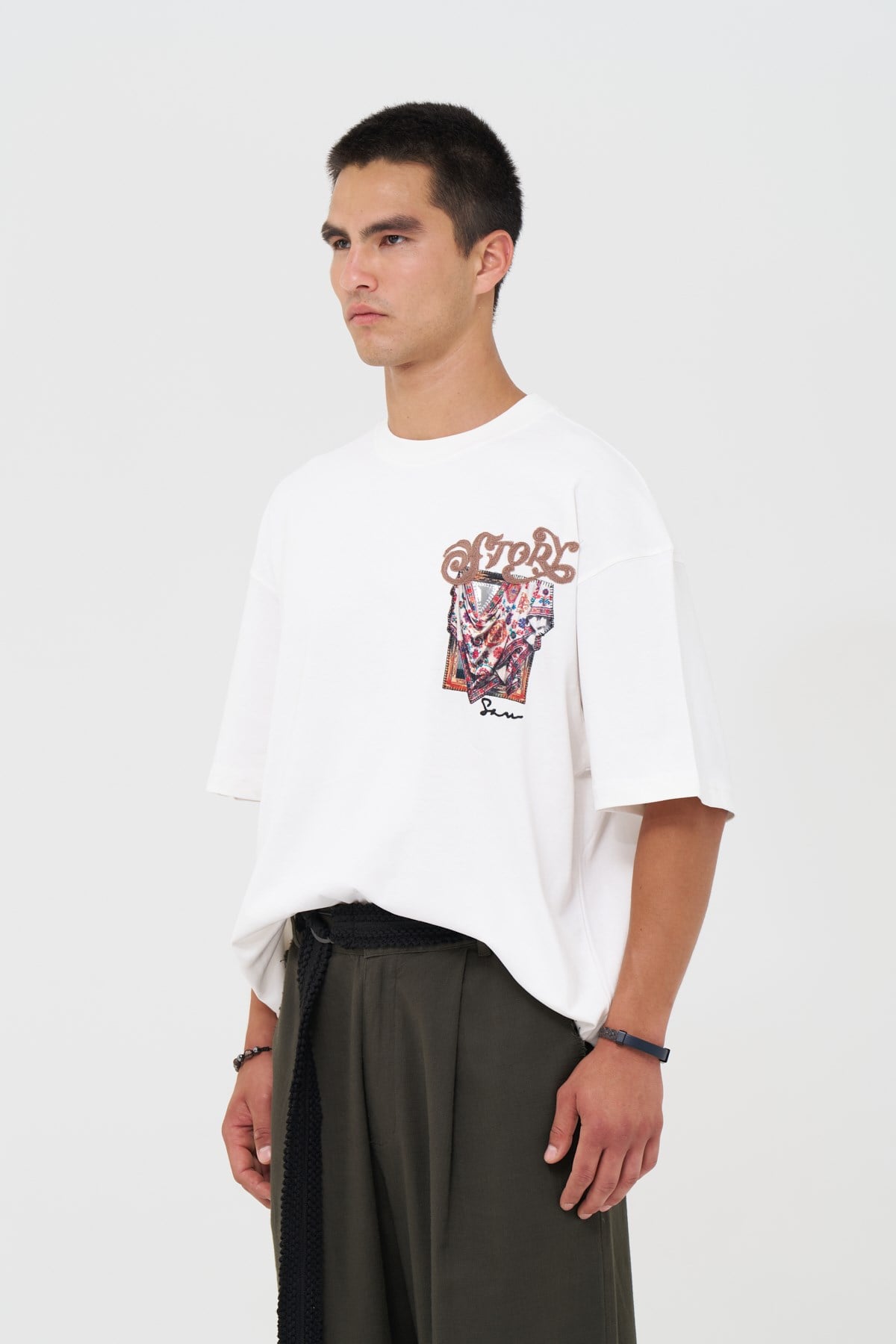 Folk Drapery Oversize Erkek Tişört Ekru