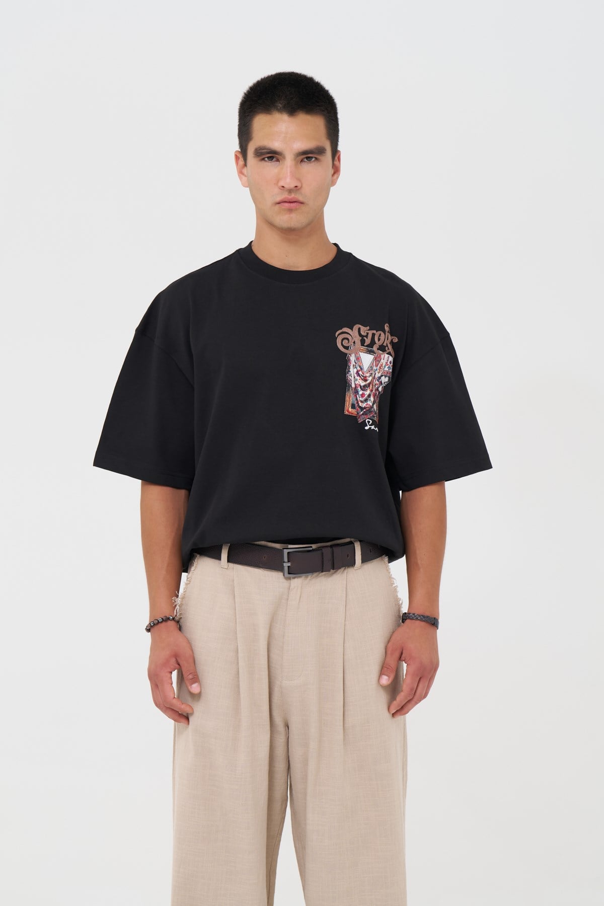 Folk Drapery Oversize Erkek Tişört Siyah