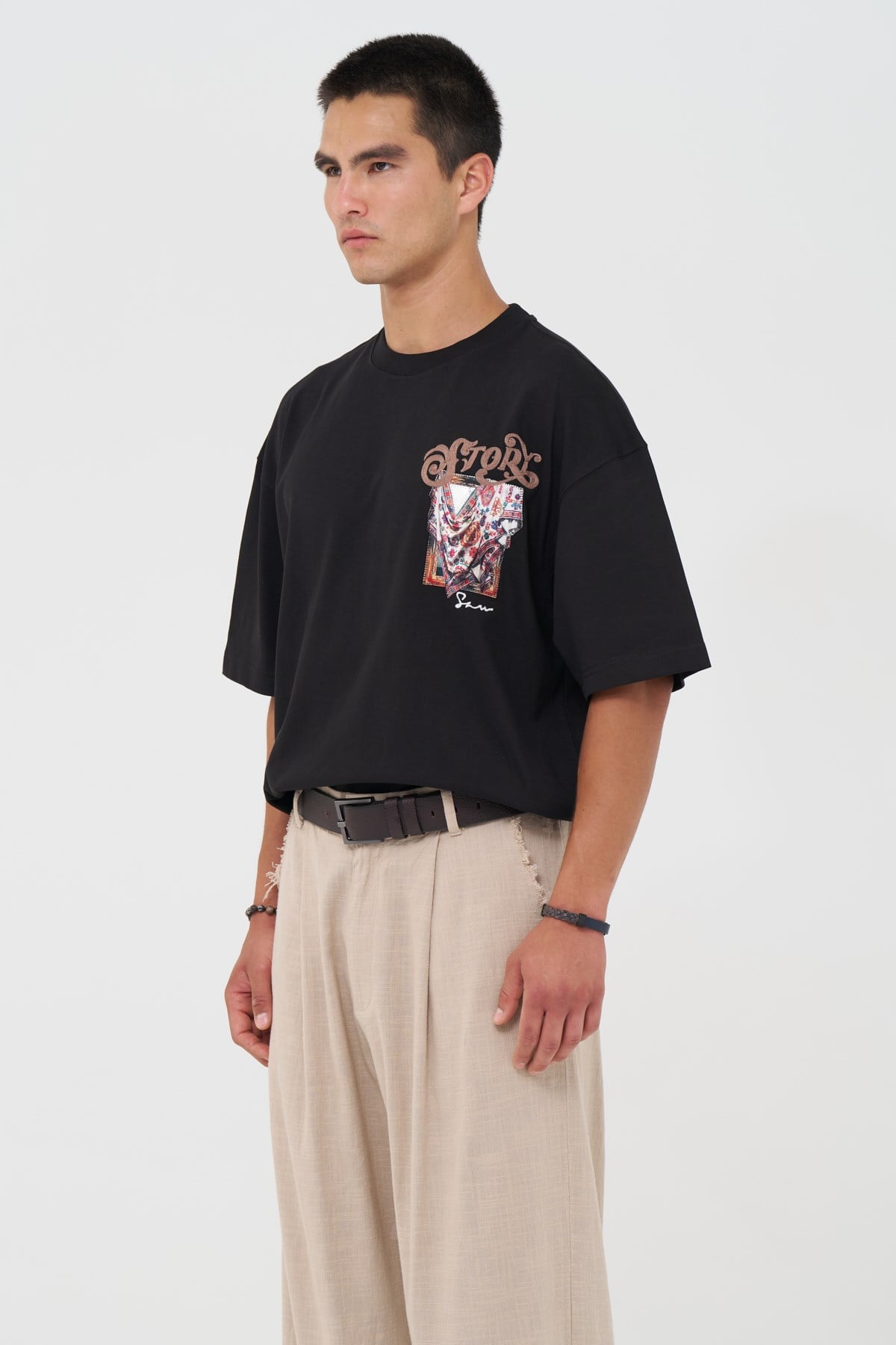 Folk Drapery Oversize Erkek Tişört Siyah