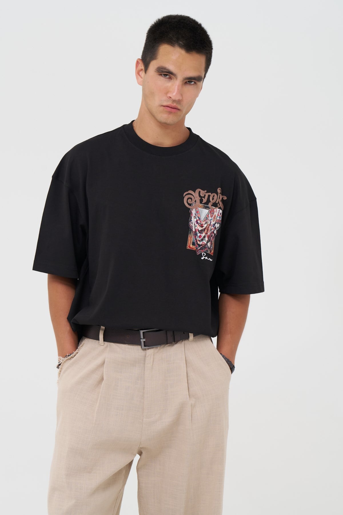 Folk Drapery Oversize Erkek Tişört Siyah