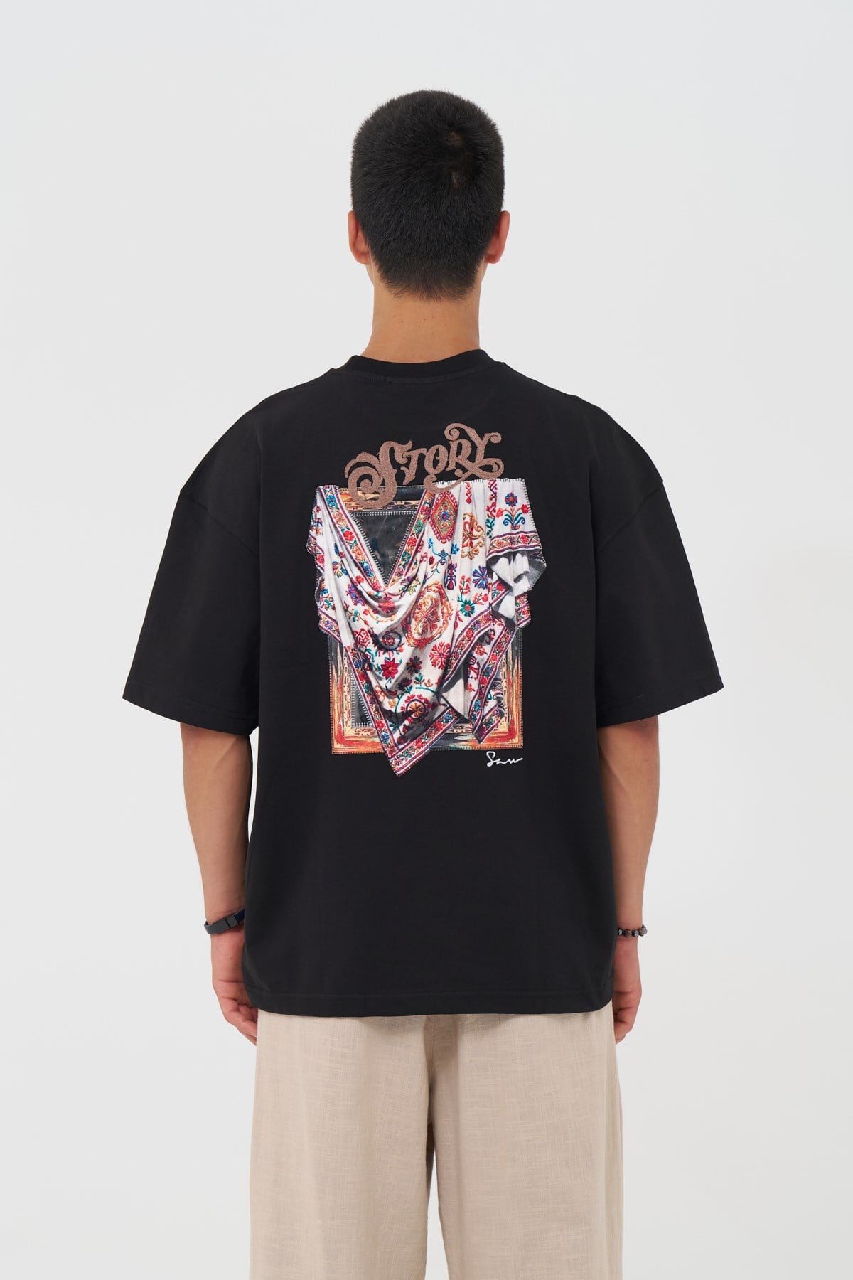 Folk Drapery Oversize Erkek Tişört Siyah