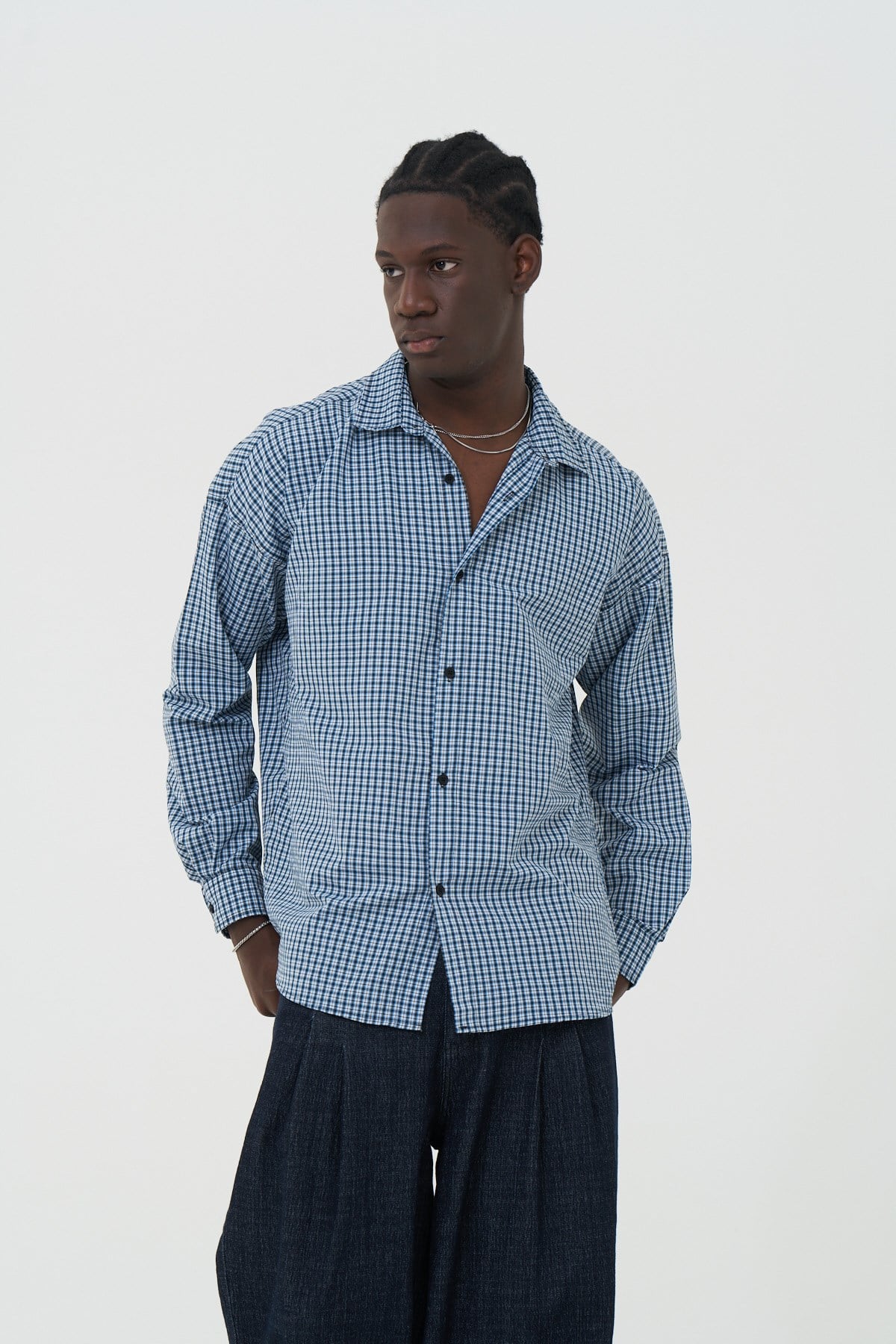 Madras Check Oversize Erkek Gömlek İndigo