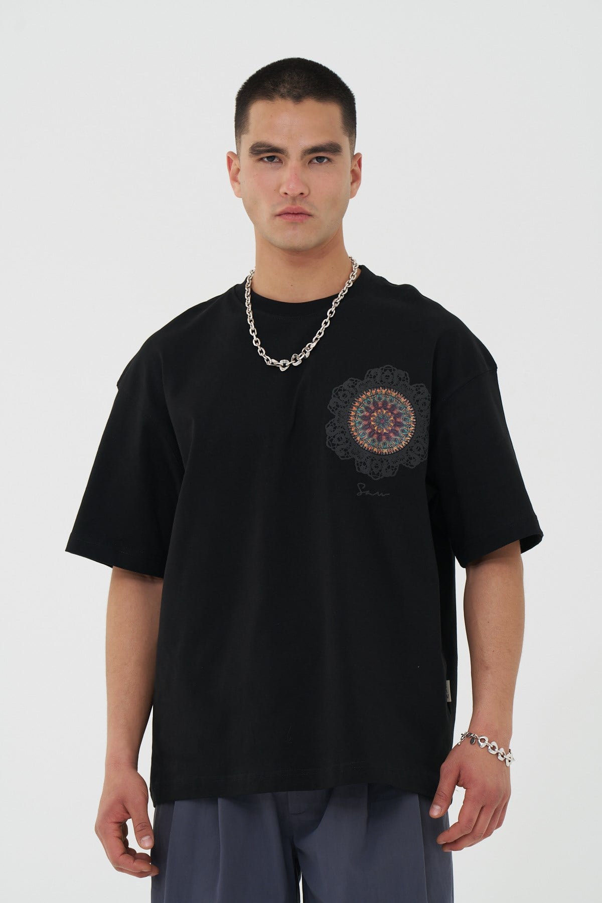 Mandala Aura Oversize Erkek Tişört Siyah