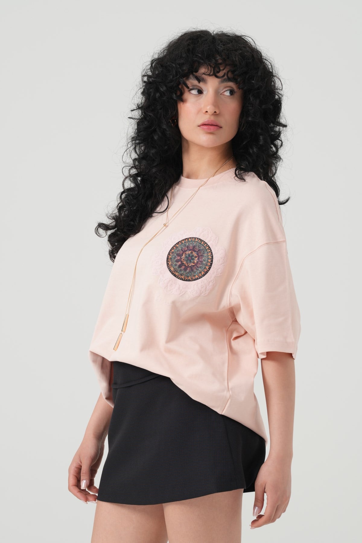 Mandala Aura Oversize Kadın Tişört Pembe
