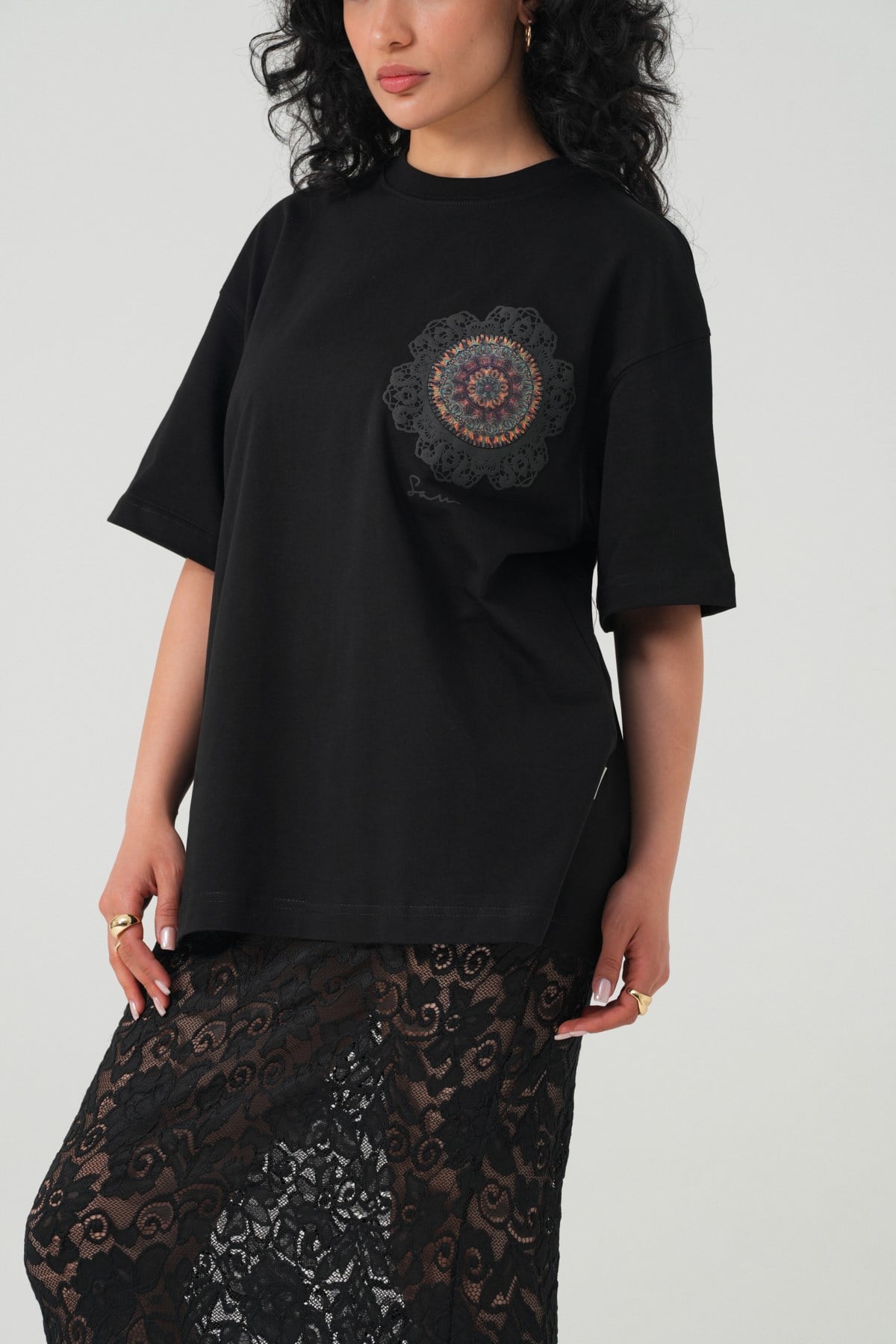 Mandala Aura Oversize Kadın Tişört Siyah