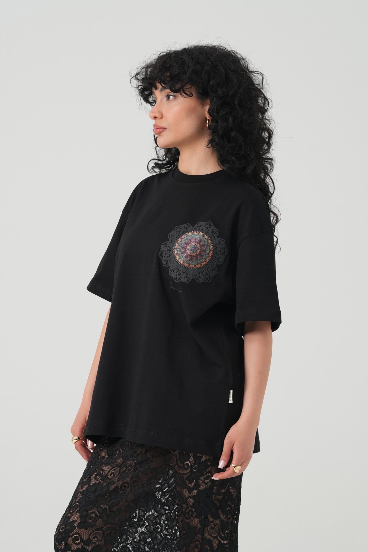 Mandala Aura Oversize Kadın Tişört Siyah