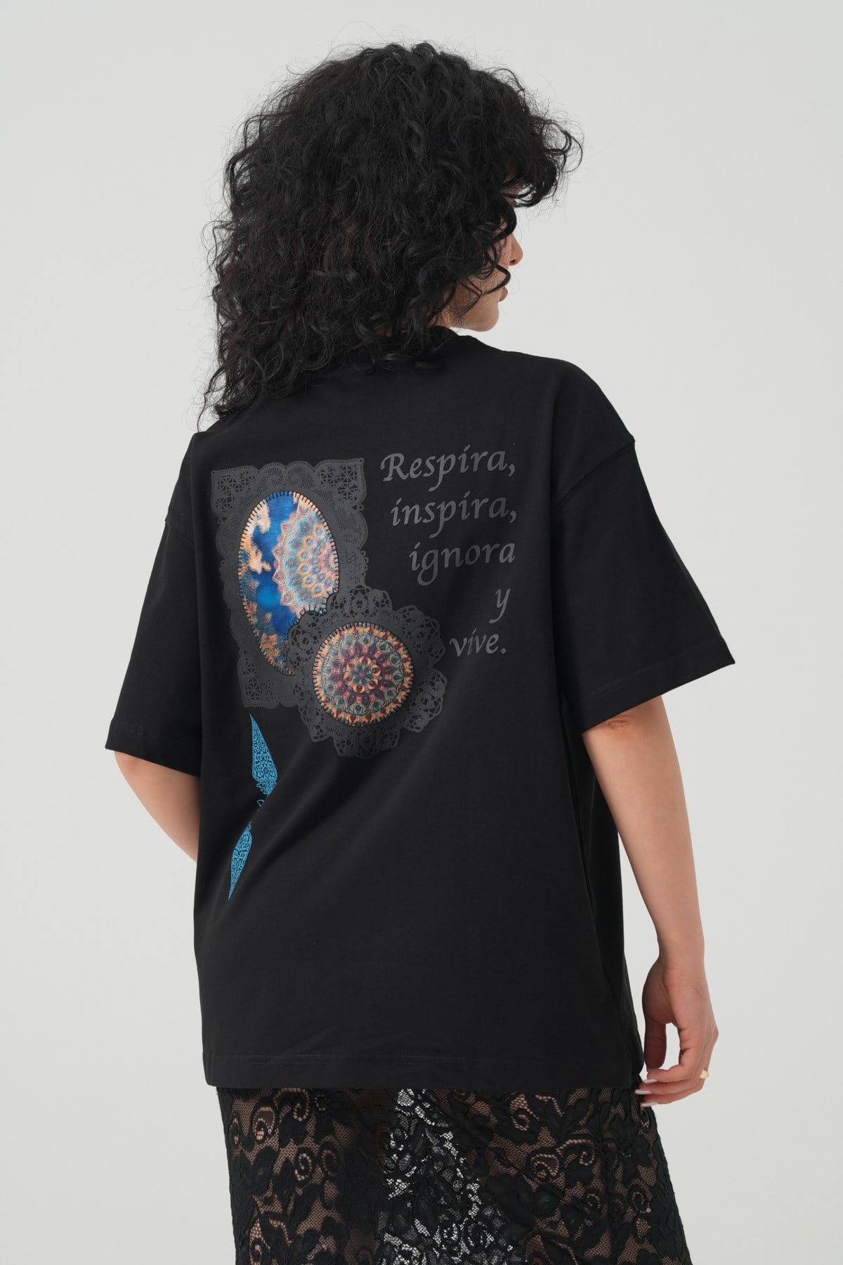 Mandala Aura Oversize Kadın Tişört Siyah