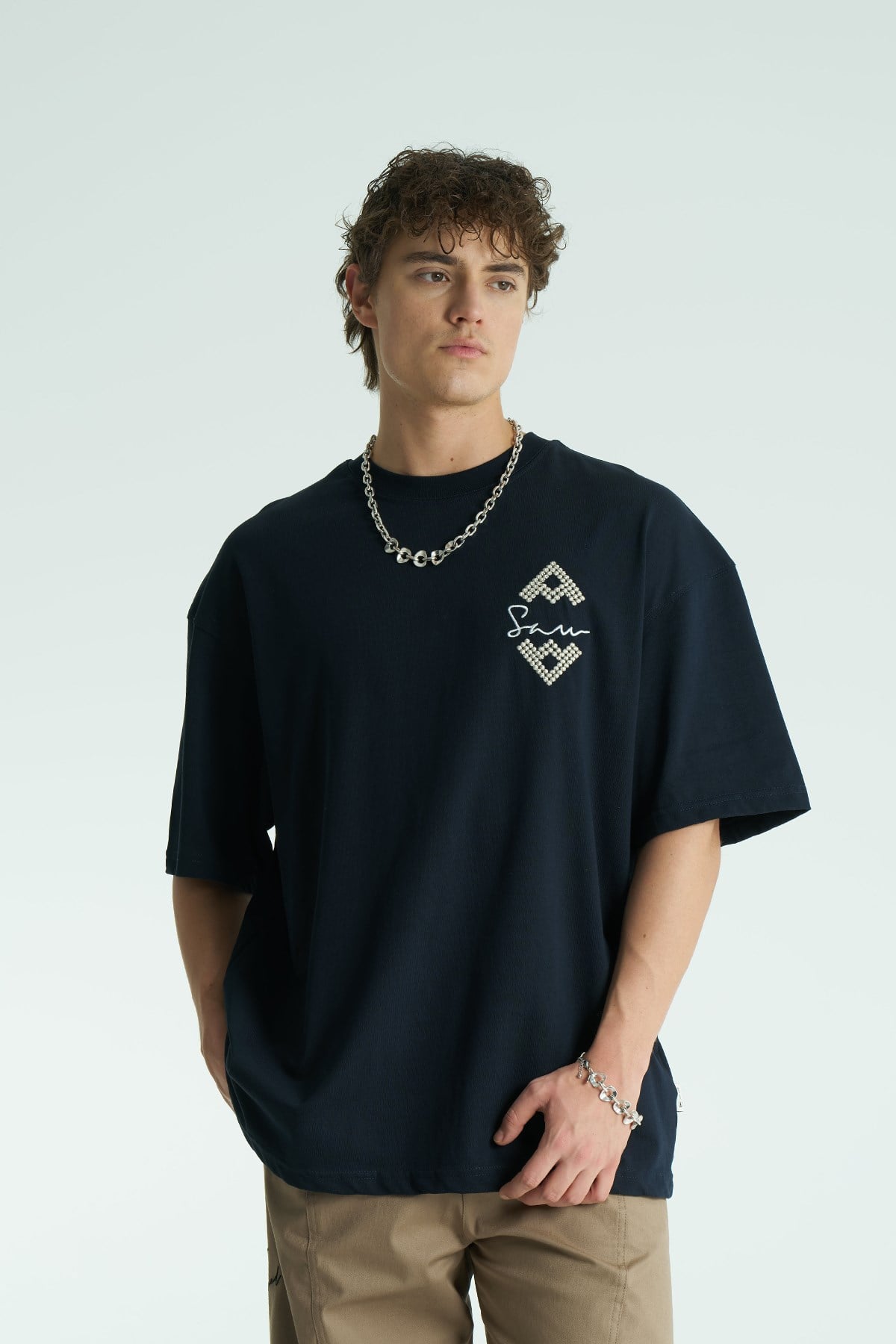 Medallion Oversize Erkek Tişört Lacivert