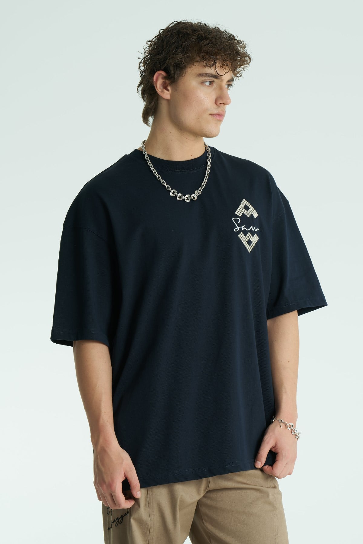 Medallion Oversize Erkek Tişört Lacivert