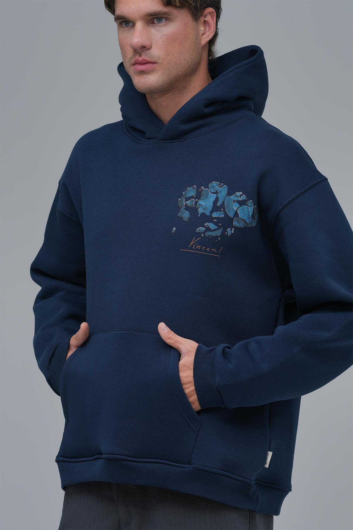 Mosaic Portrait Oversize Sweatshirt Erkek İndigo