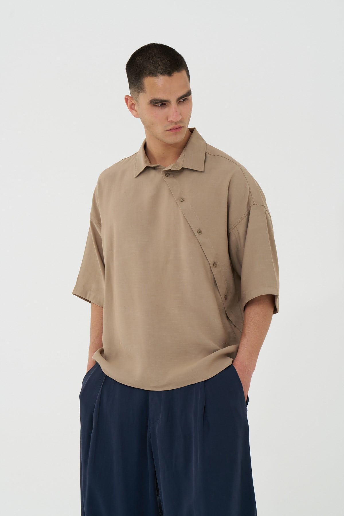 Offset Oversize Erkek Gömlek Bej