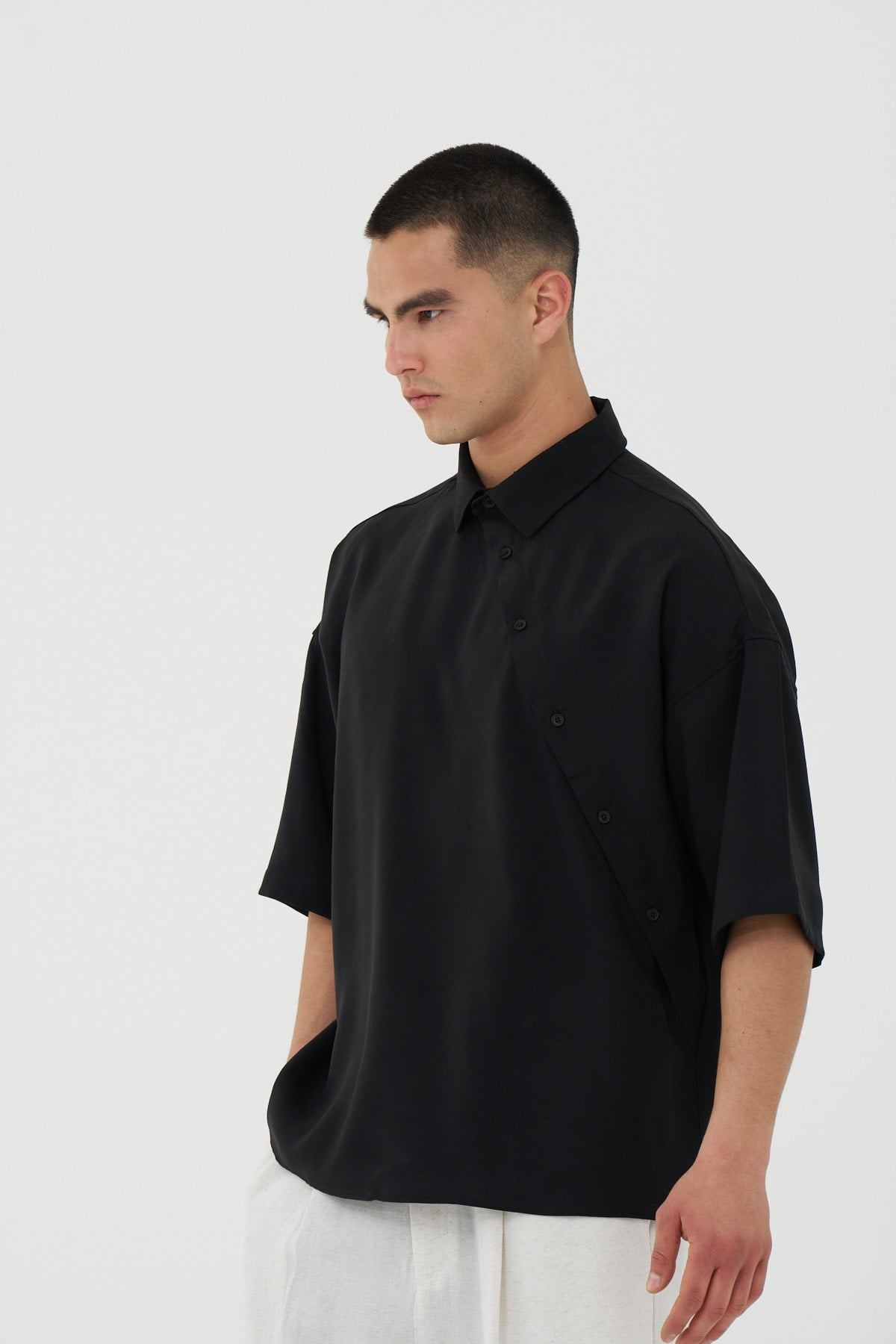 Offset Oversize Erkek Gömlek Siyah