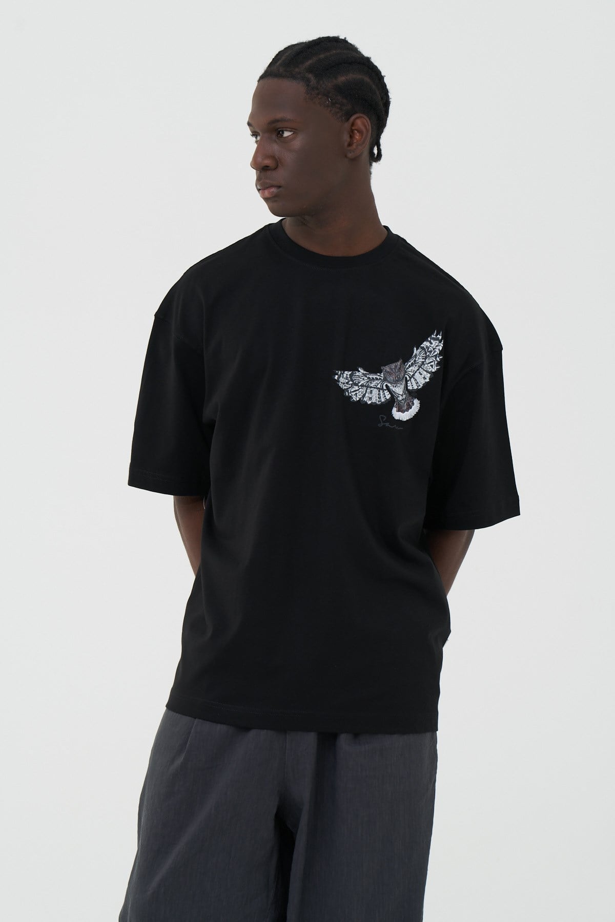 Owl Flight Oversize Erkek Tişört Siyah