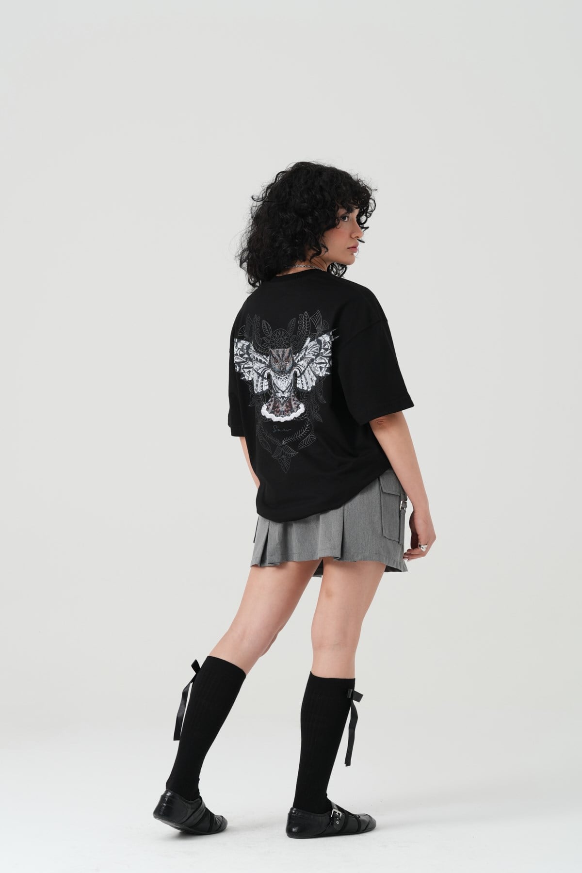 Owl Flight Oversize Kadın Tişört Siyah