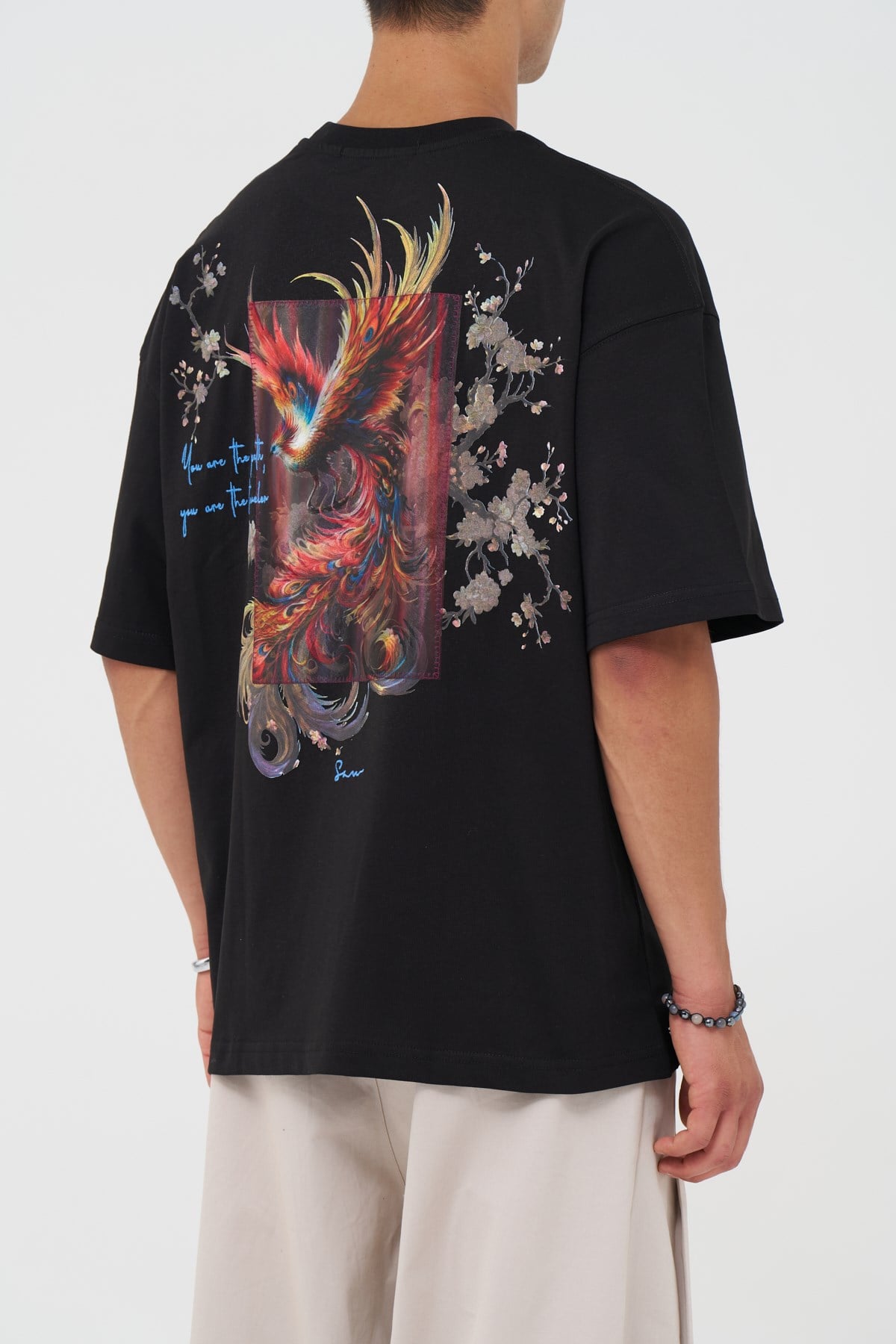 Phoenix Bloom Oversize Erkek Tişört Siyah
