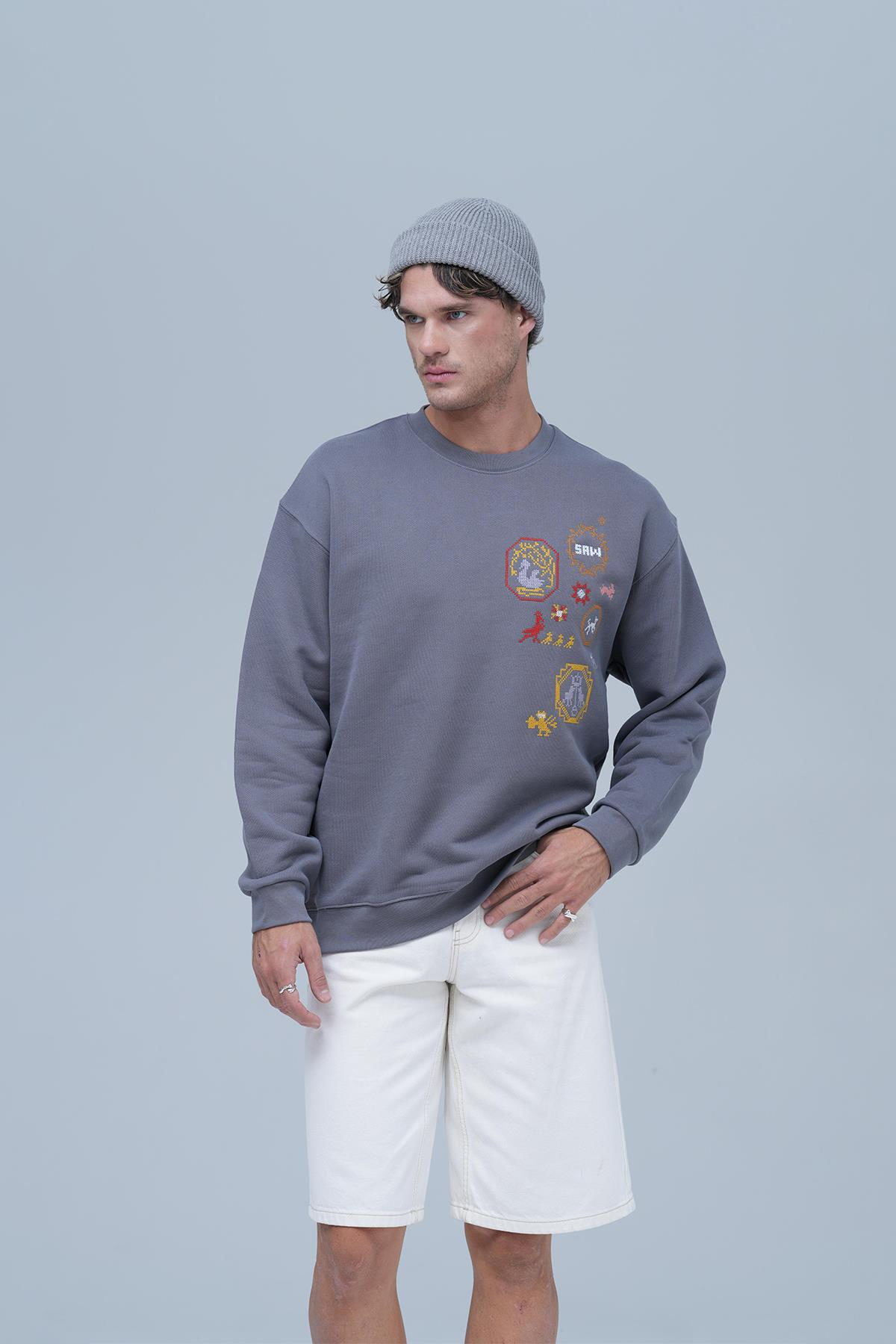 Pixel Heritage Bisiklet Yaka Sweatshirt Erkek Füme