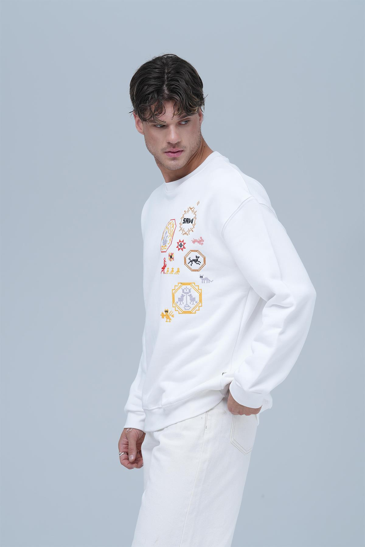 Pixel Heritage Bisiklet Yaka Sweatshirt Erkek Ekru