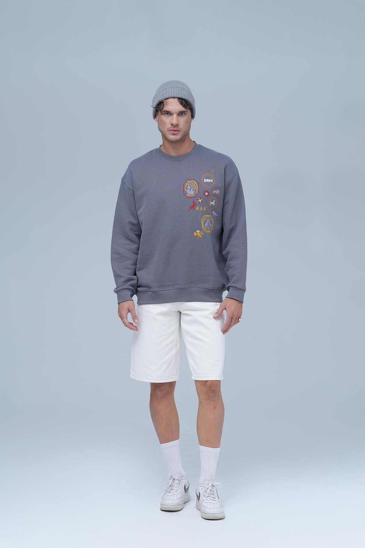 Pixel Heritage Bisiklet Yaka Sweatshirt Erkek Füme