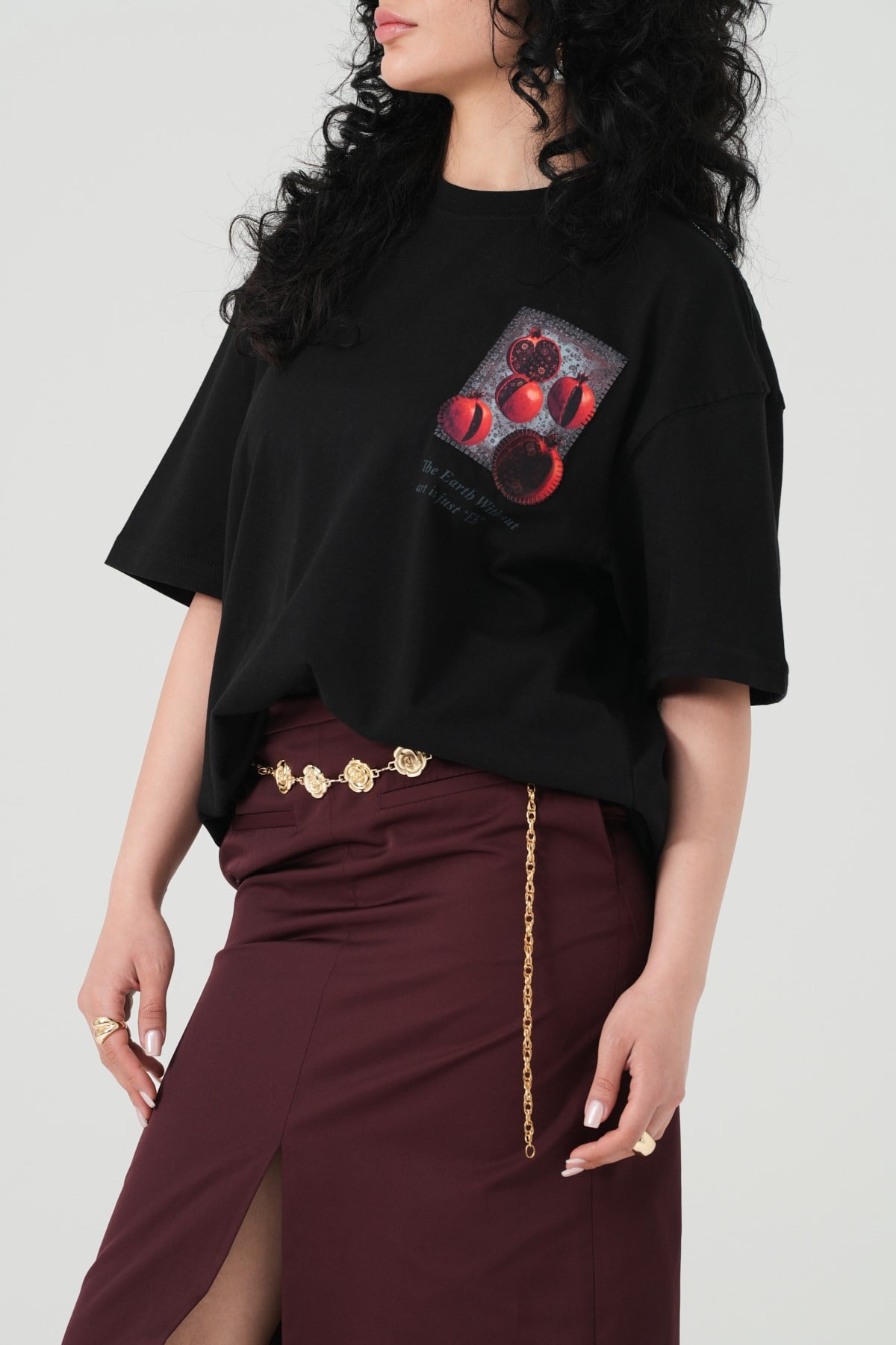 Pomegranate Art Oversize Kadın Tişört Siyah