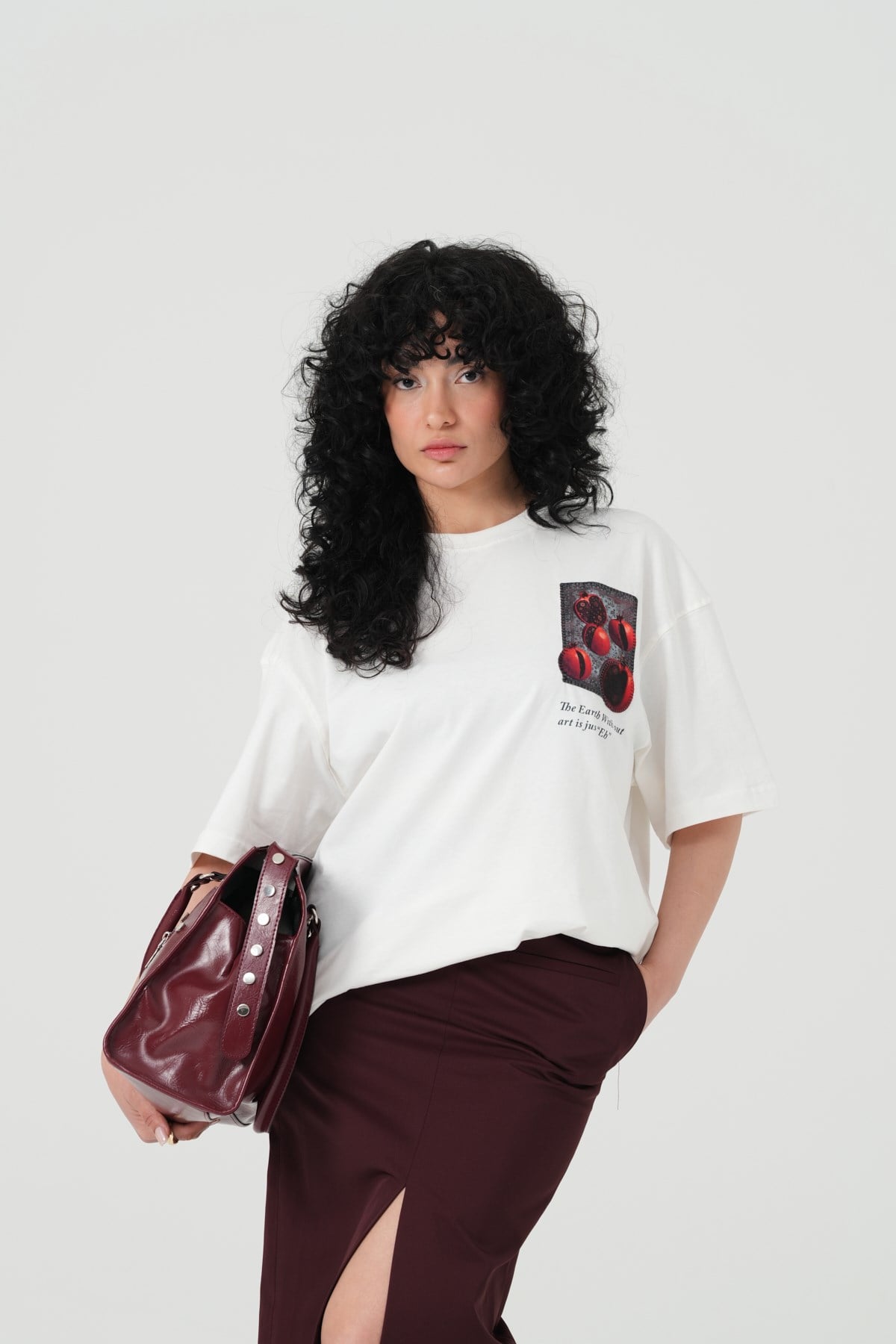 Pomegranate Art Oversize Kadın Tişört Ekru
