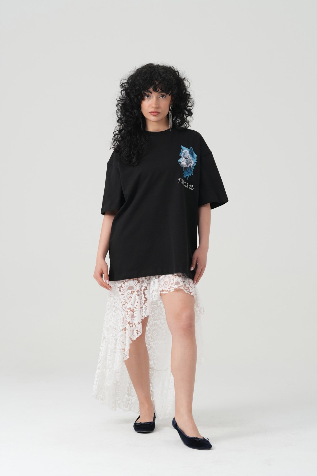 Relentless Wolf Oversize Kadın Tişört Siyah