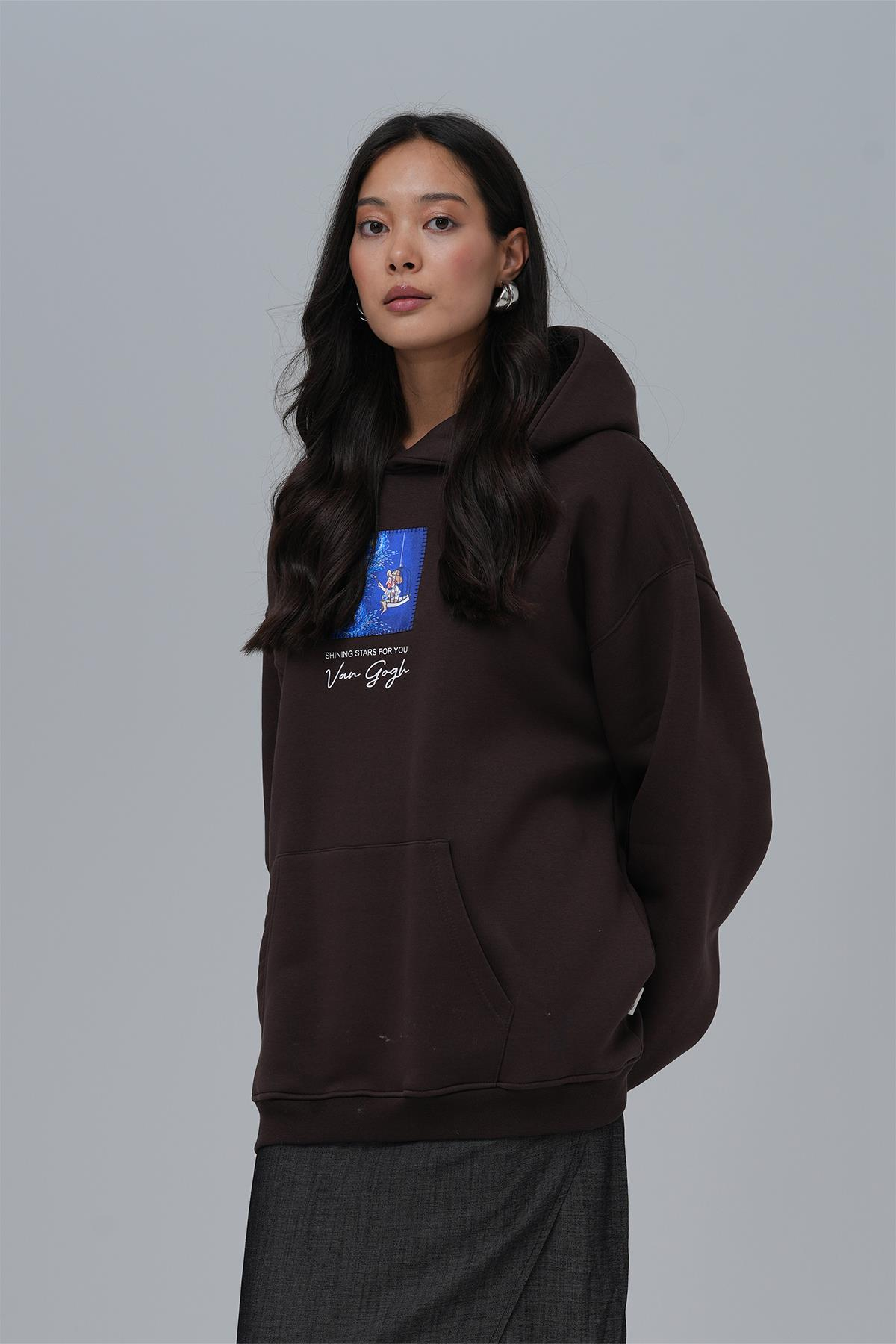 Shining Stars Oversize Sweatshirt Kadın Kahverengi