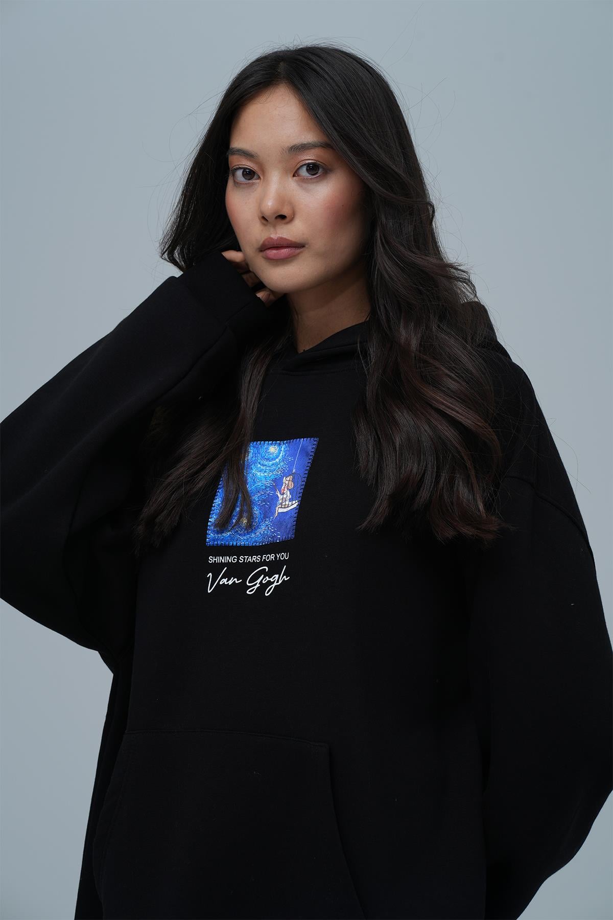 Shining Stars Oversize Sweatshirt Kadın Siyah