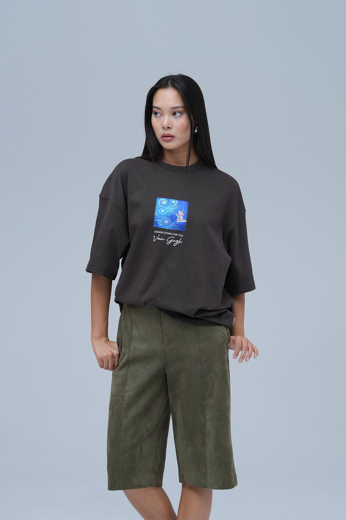 Shining Stars Oversize Tişört Kadın Kahverengi