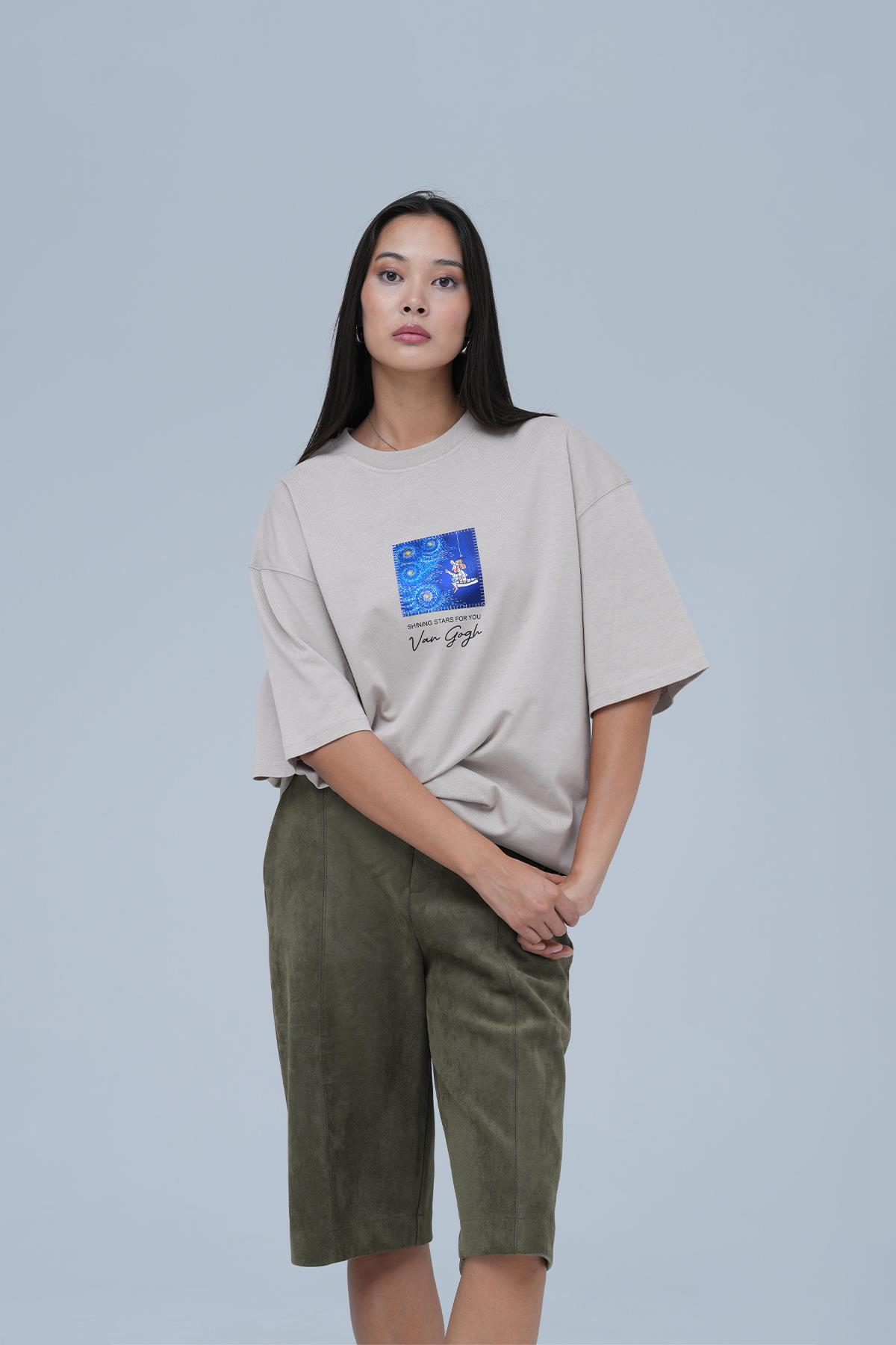 Shining Stars Oversize Tişört Kadın Taş