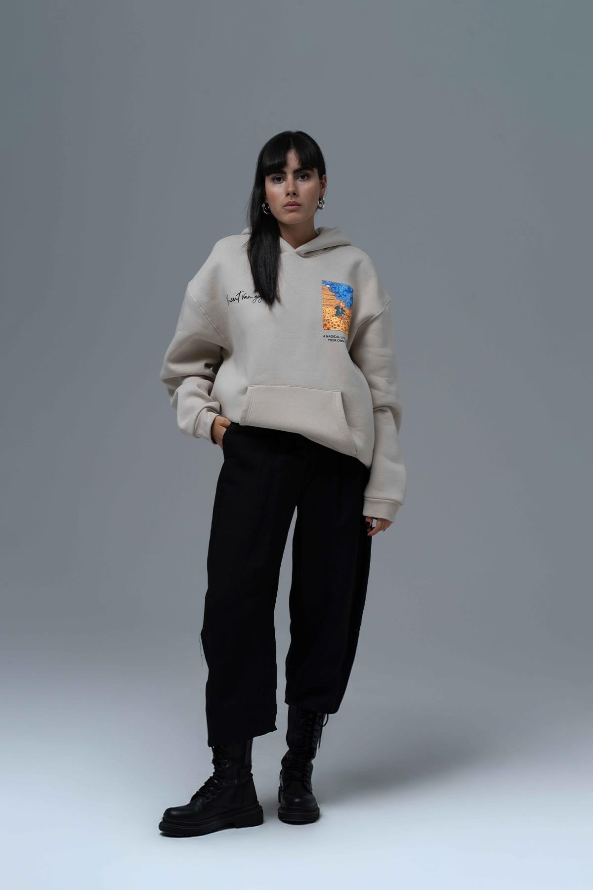 Starry Flow Oversize Sweatshirt Kadın Ekru