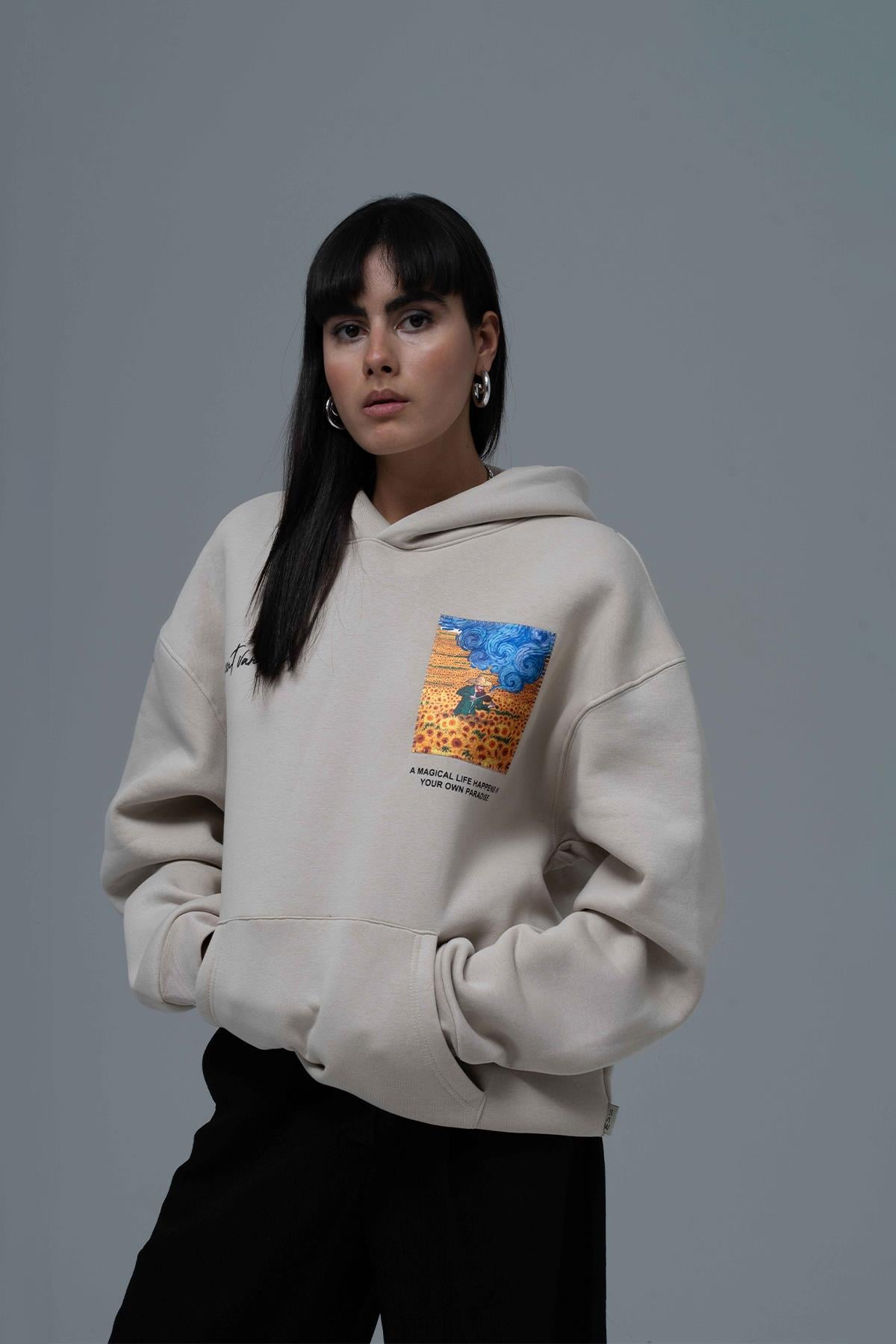 Starry Flow Oversize Sweatshirt Kadın Ekru