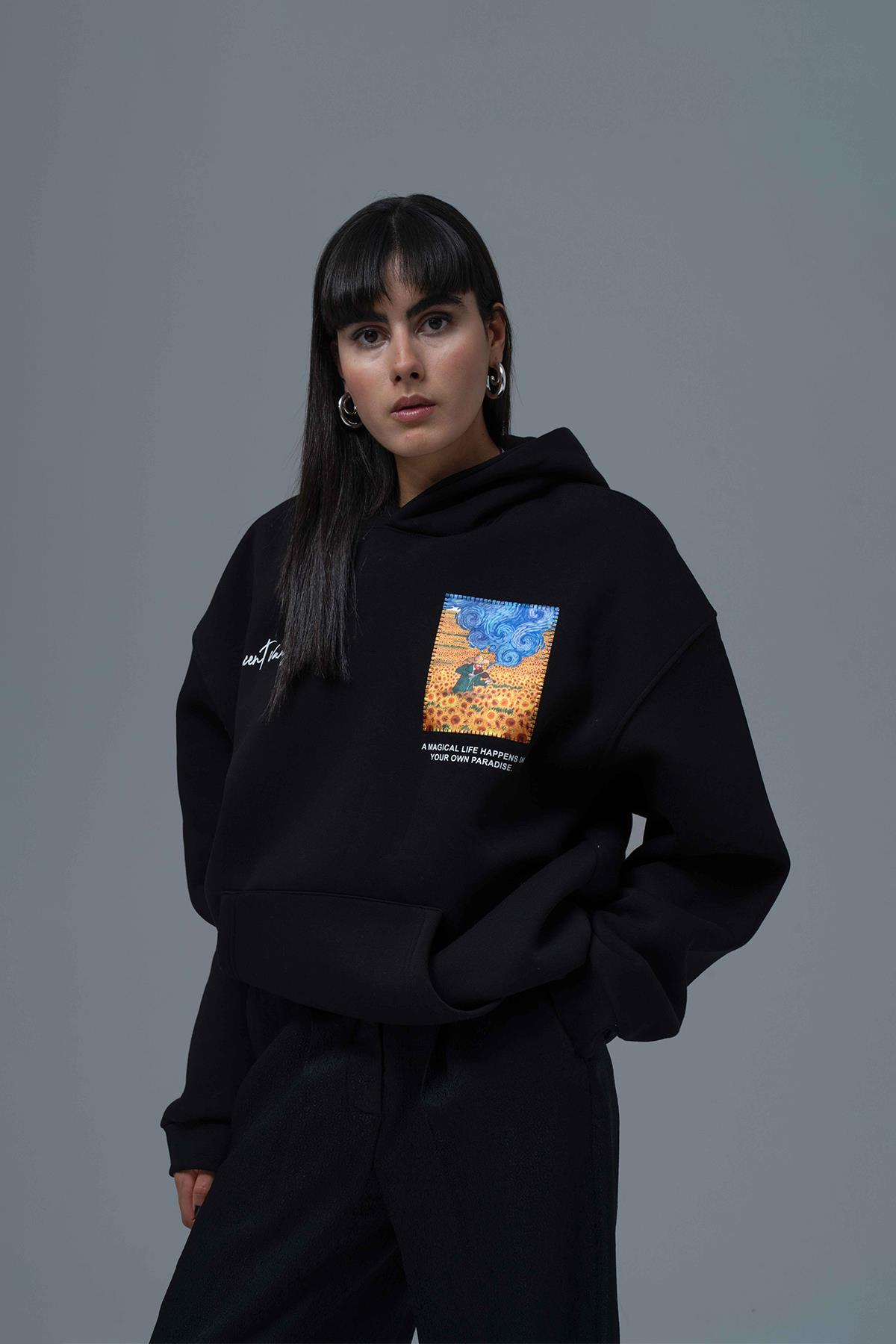 Starry Flow Oversize Sweatshirt Kadın Siyah
