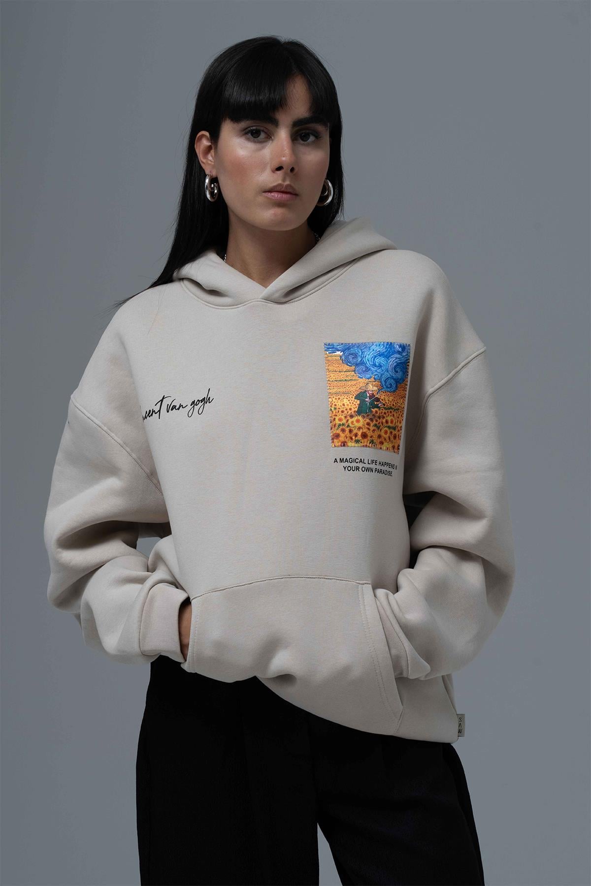 Starry Flow Oversize Sweatshirt Kadın Ekru