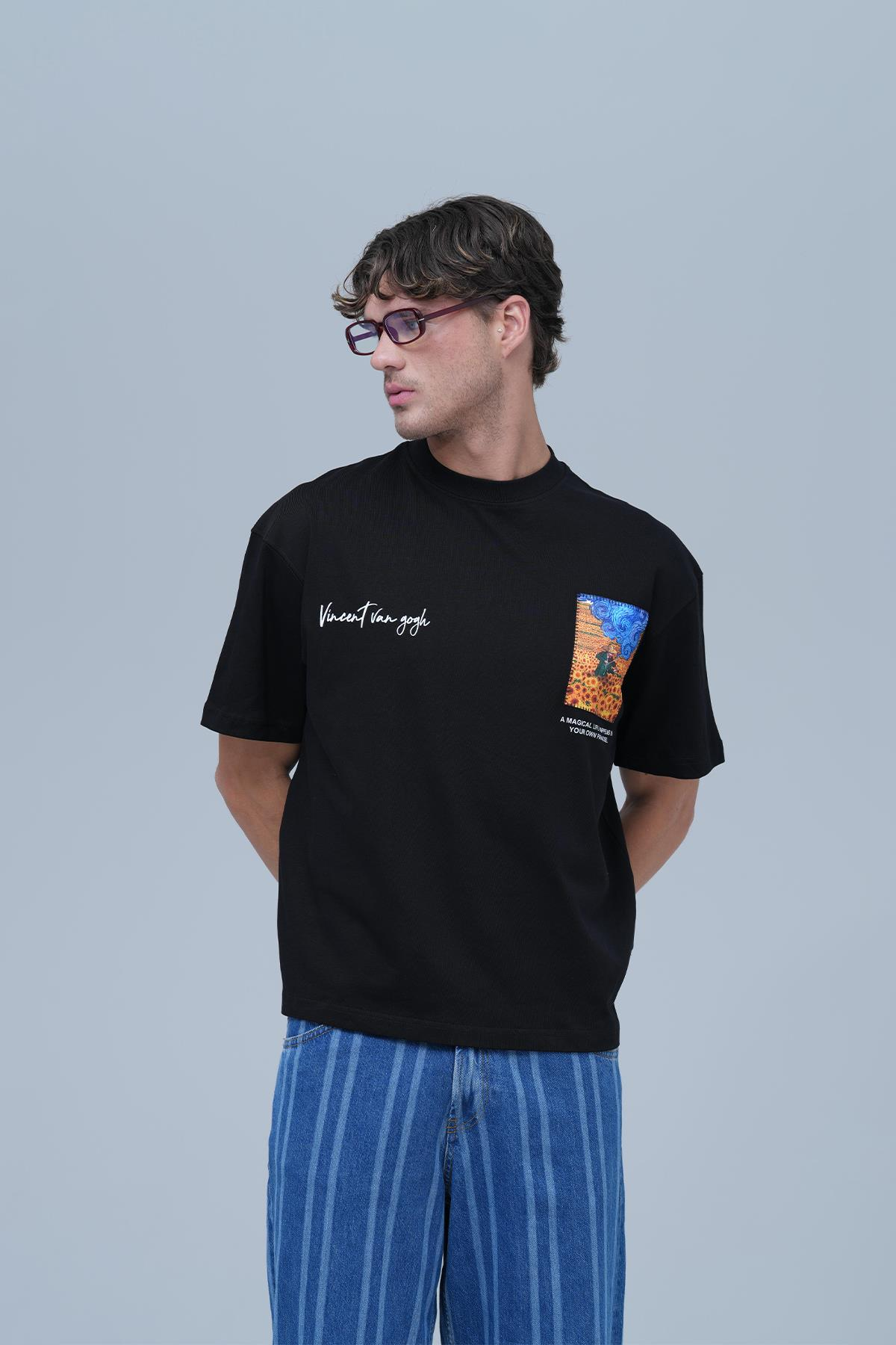 Starry Flow Oversize Tişört Erkek Siyah