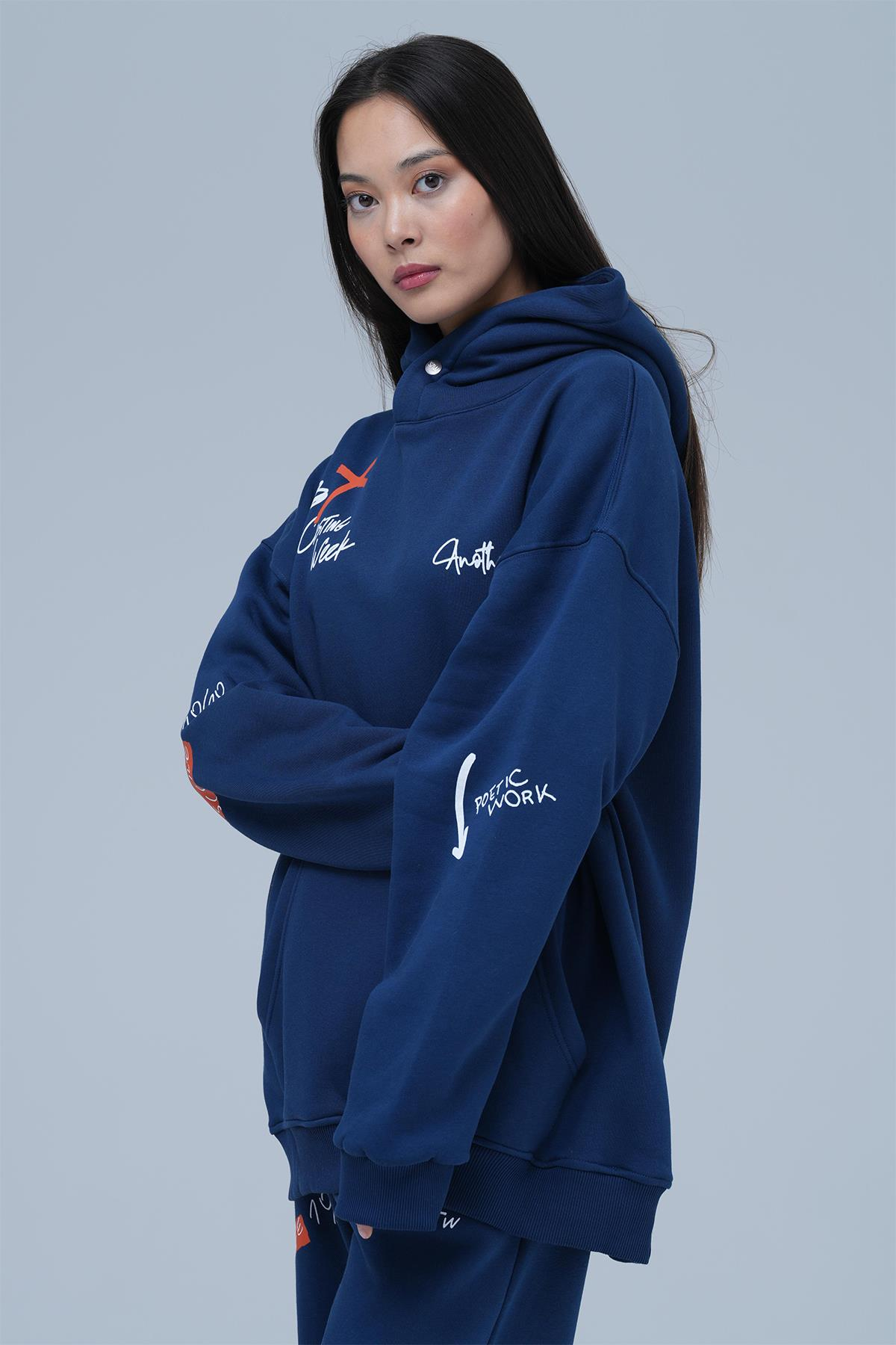 Street Script Oversize Eşofman Takımı Kadın Lacivert