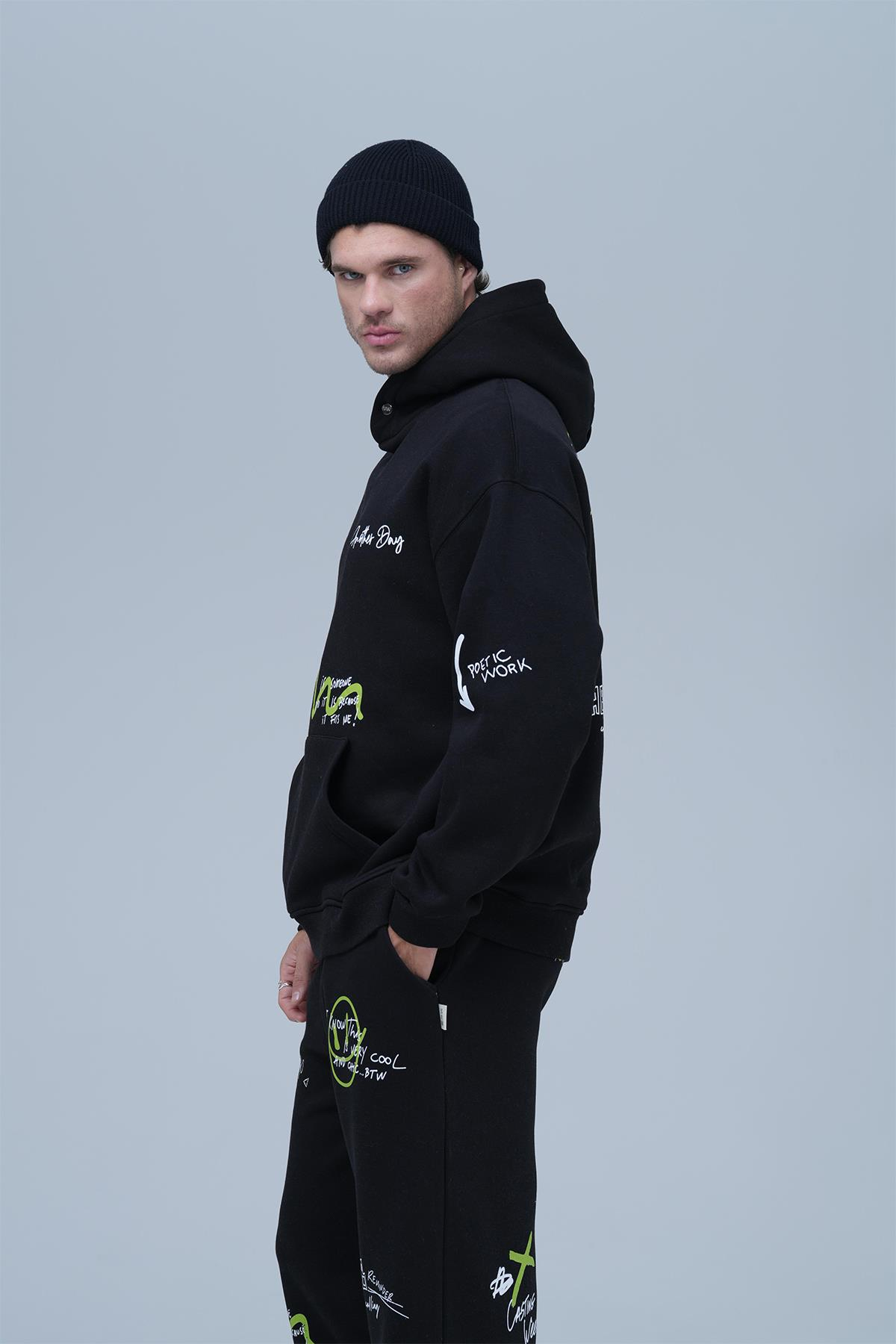 Street Script Oversize Eşofman Takımı Erkek Siyah