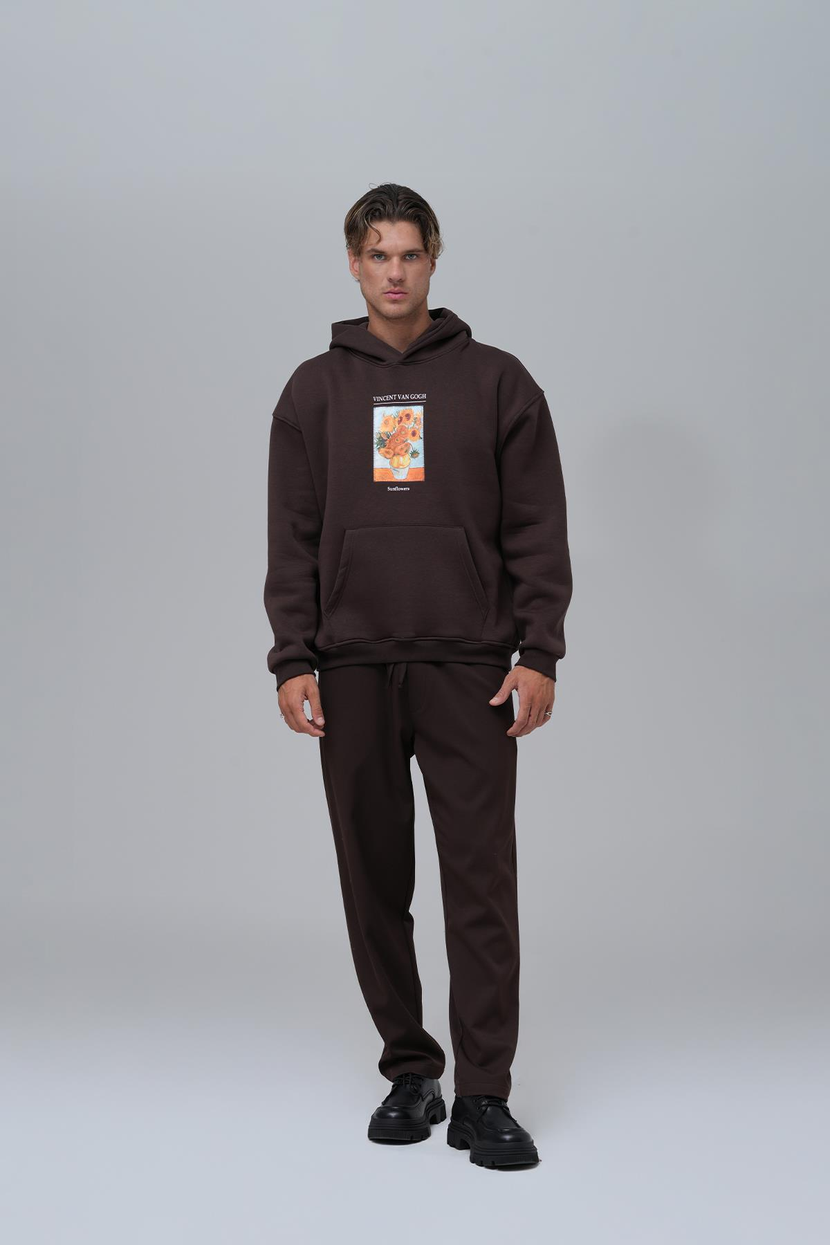 Sunflowers Vincent van Gogh Edition Oversize Sweatshirt Erkek Kahverengi