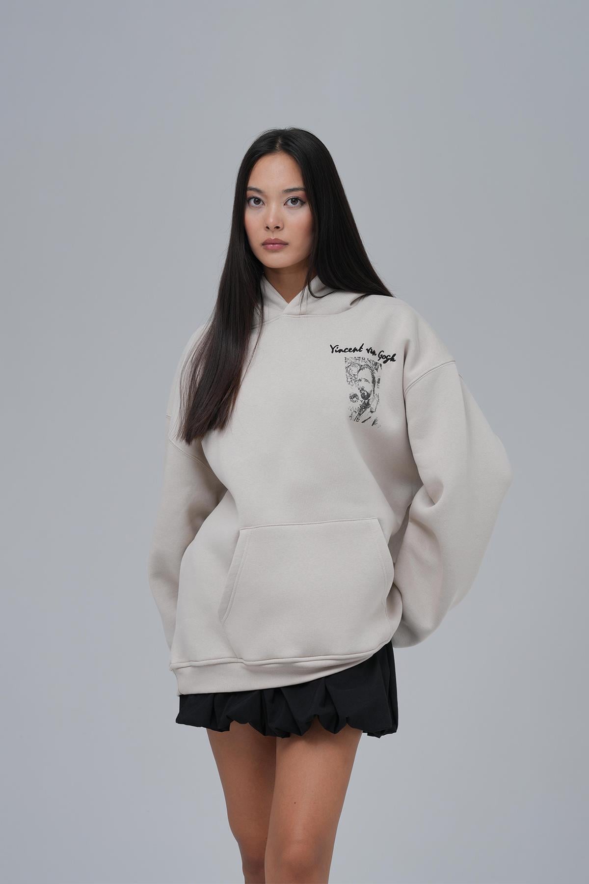 Van Gogh Threads Oversize Sweatshirt Kadın Stone