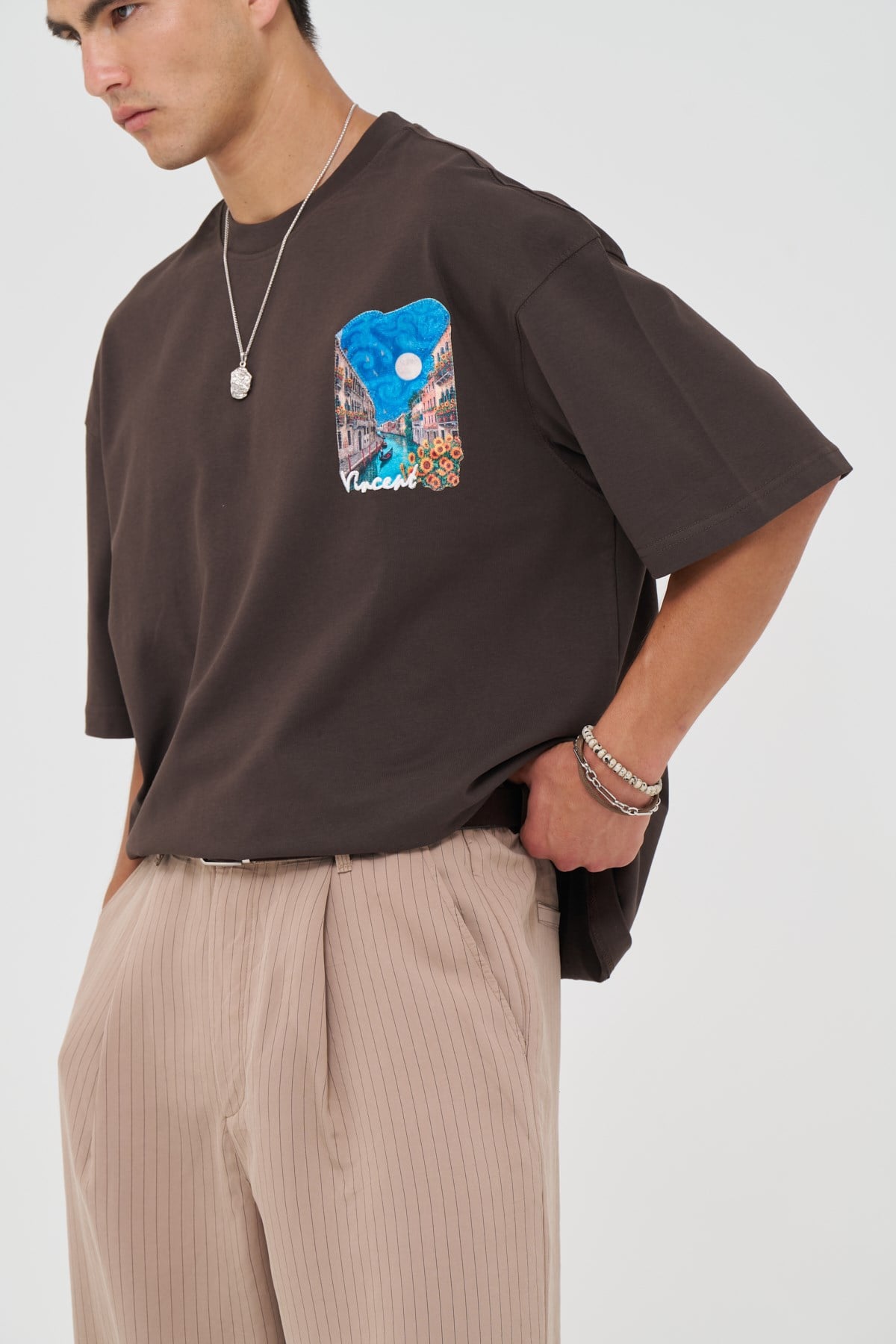 Vincent Venice Oversize Erkek Tişört Kahverengi